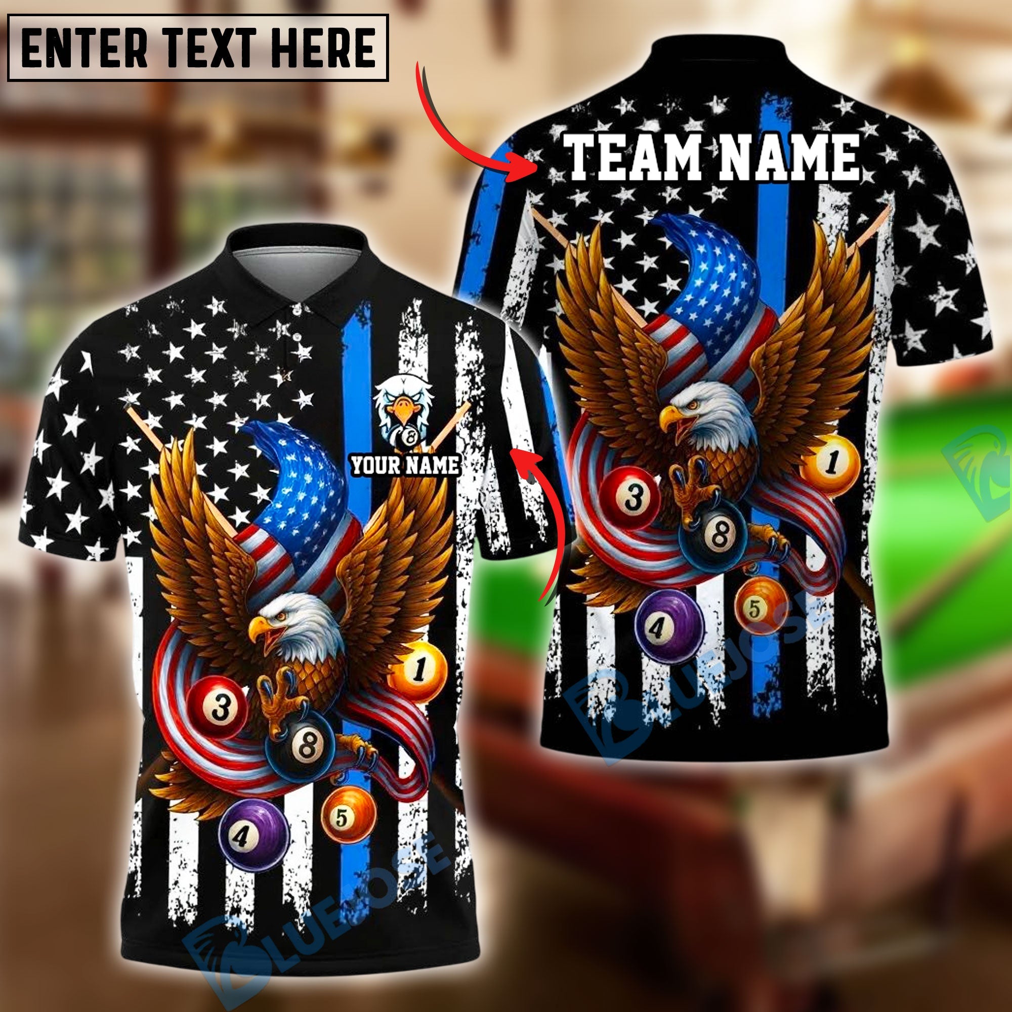 BlueJose Billiards 8 Ball Eagle American Flag Stripes Personalized Name, Team Name Unisex Shirt (4 Colors)