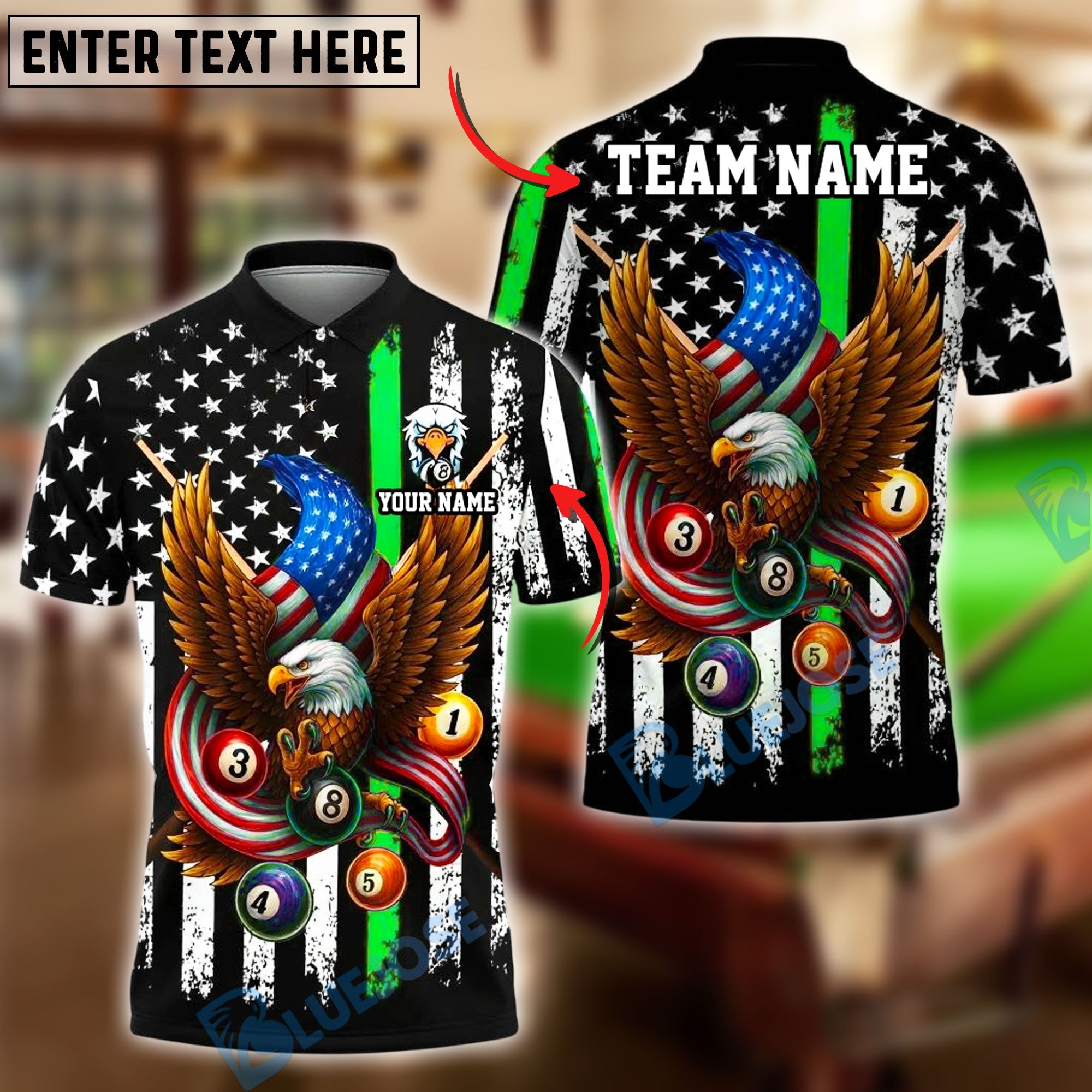 BlueJose Billiards 8 Ball Eagle American Flag Stripes Personalized Name, Team Name Unisex Shirt (4 Colors)