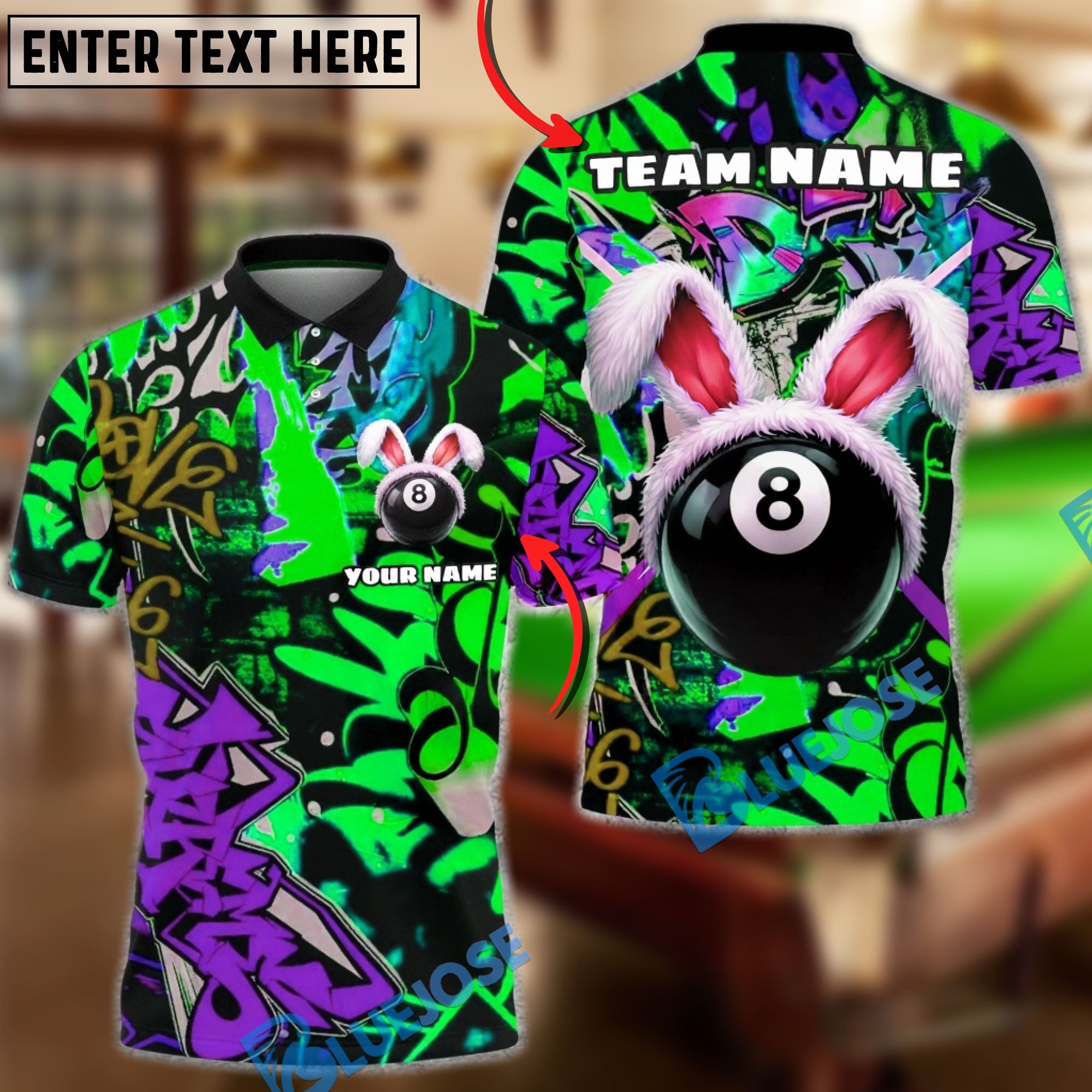 BlueJose Billiards Graffiti 8 Ball Bunny Style Personalized Name Shirt (4 Colors)