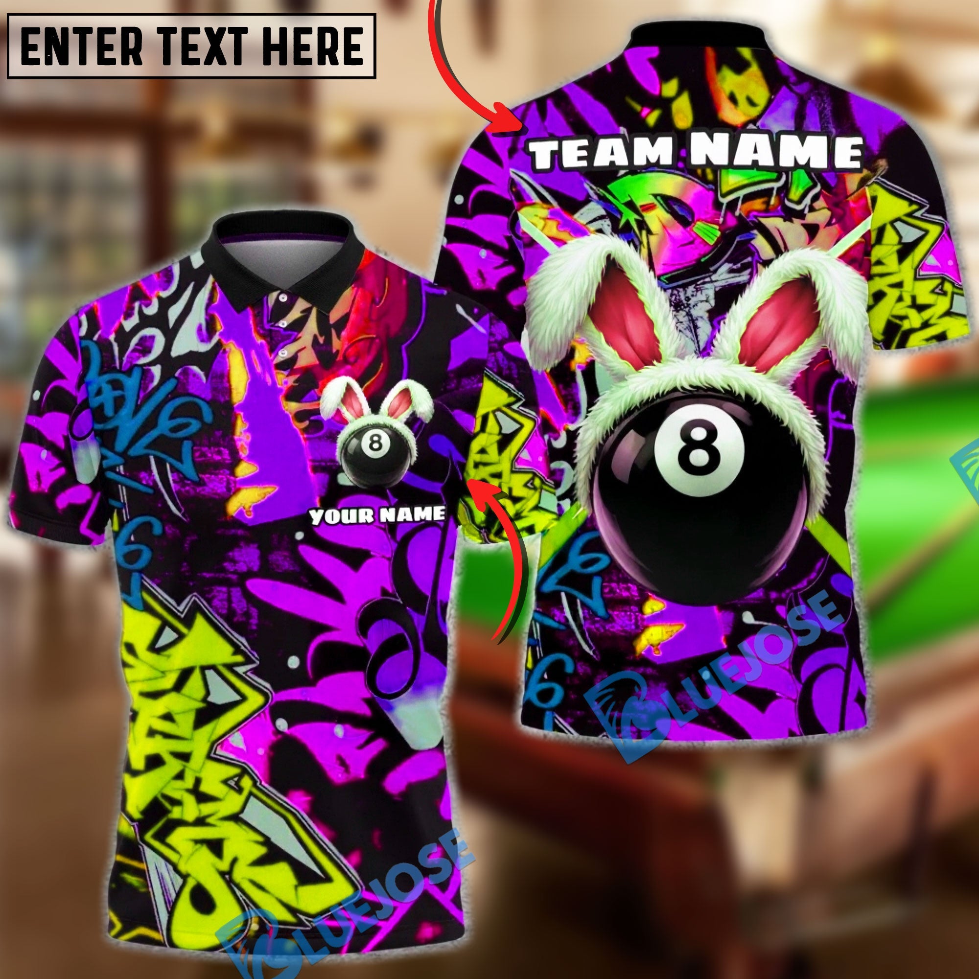 BlueJose Billiards Graffiti 8 Ball Bunny Style Personalized Name Shirt (4 Colors)