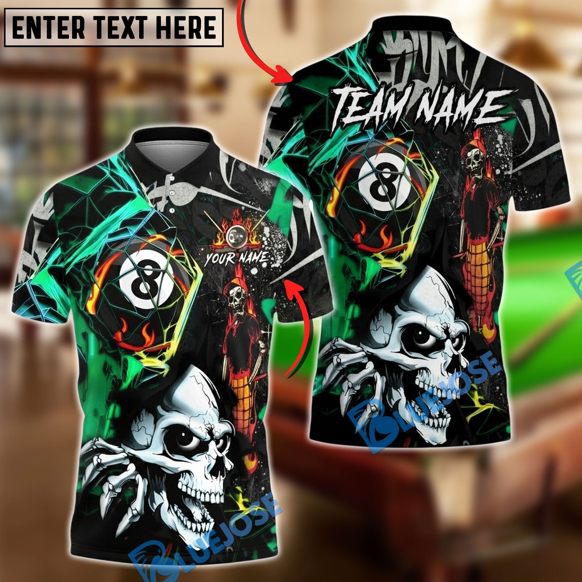 BlueJose Billiards Skull Fire 8 Ball Neon Street Art Style Personalized Name, Team Name Unisex Shirt (4 Colors)