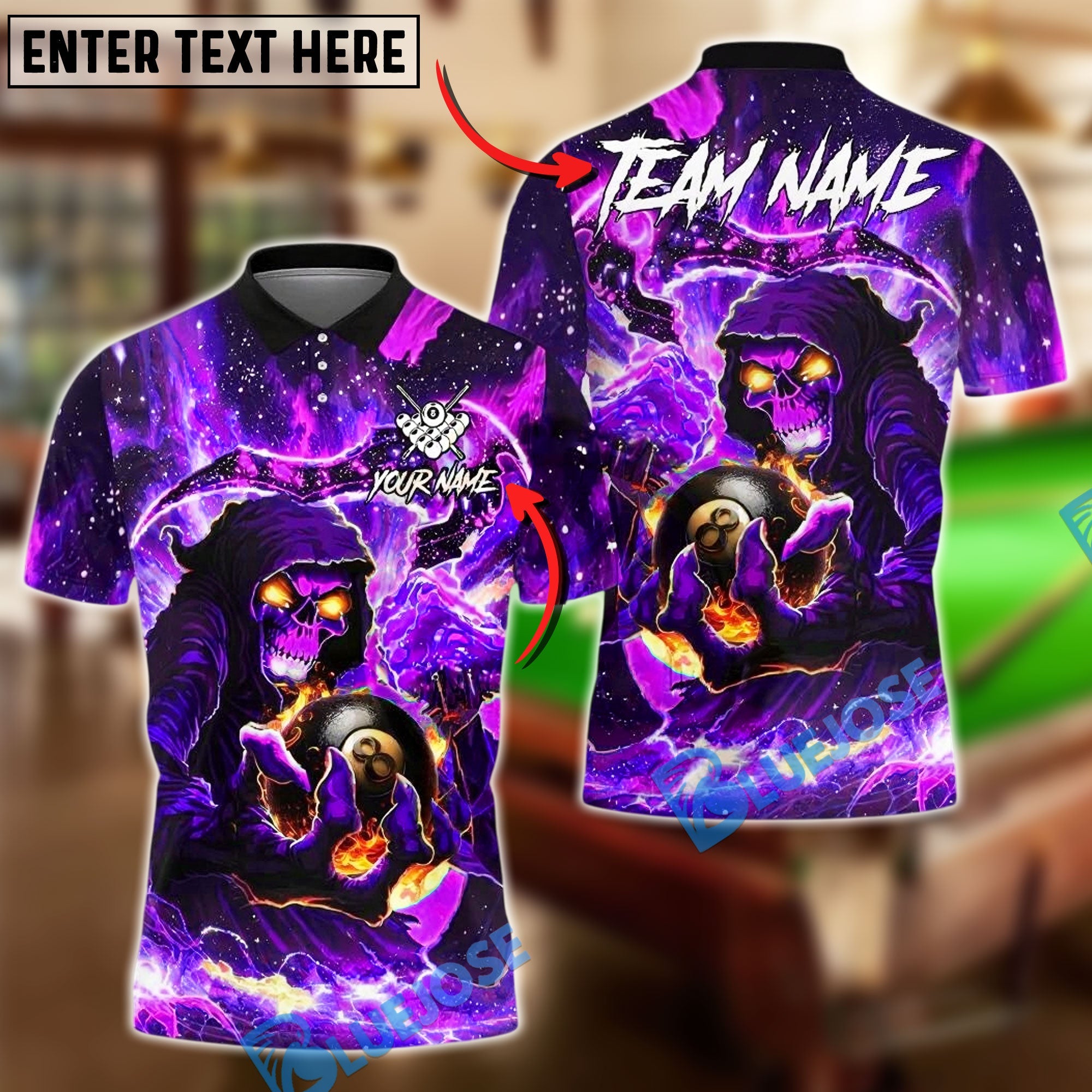 BlueJose Billiards 8 Ball Grim Reaper Cosmic Personalized Name, Team Name Unisex Shirt (4 Colors)
