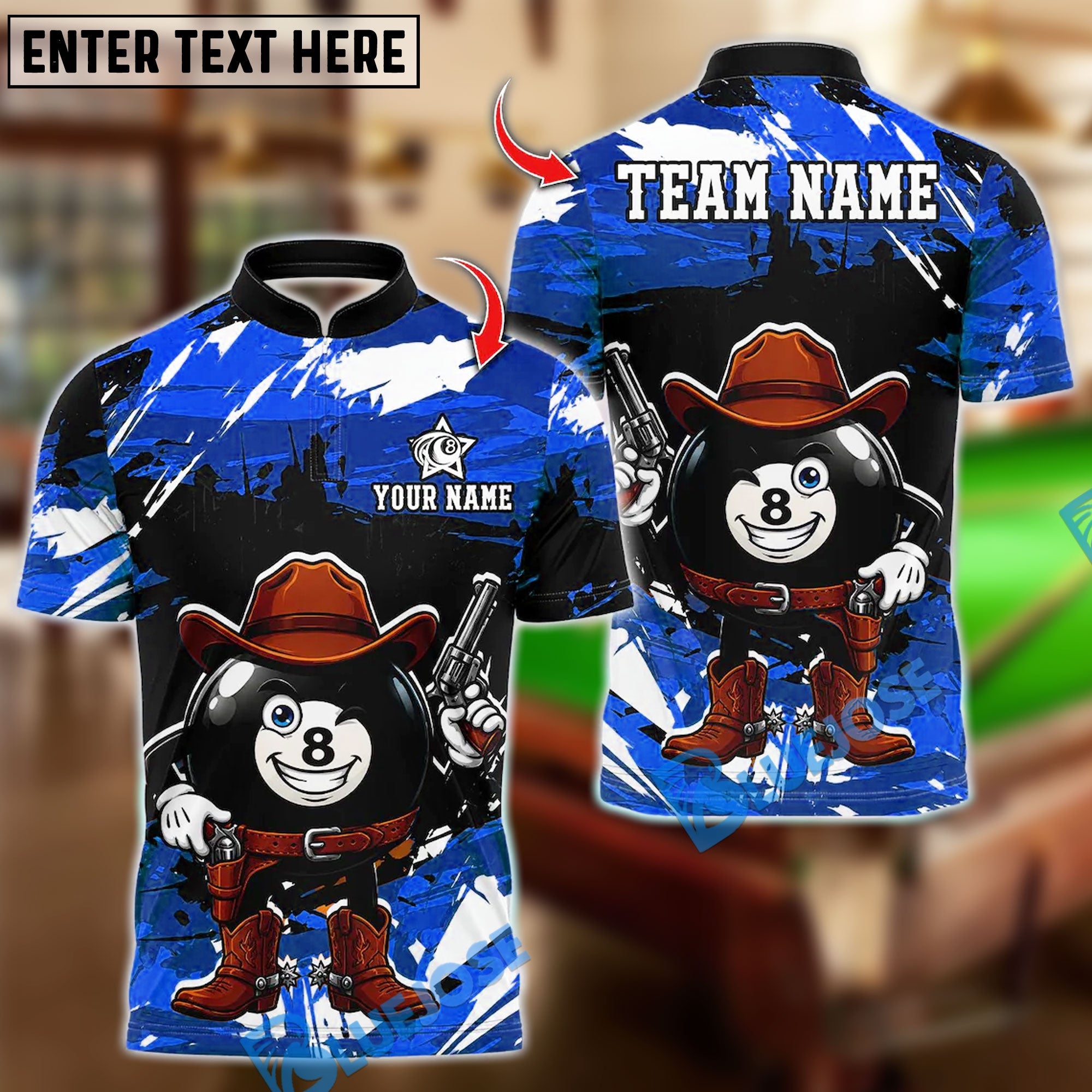 BlueJose Billiards 8 Ball Funny Cowboy Western Personalized Name Shirt (6 Colors)