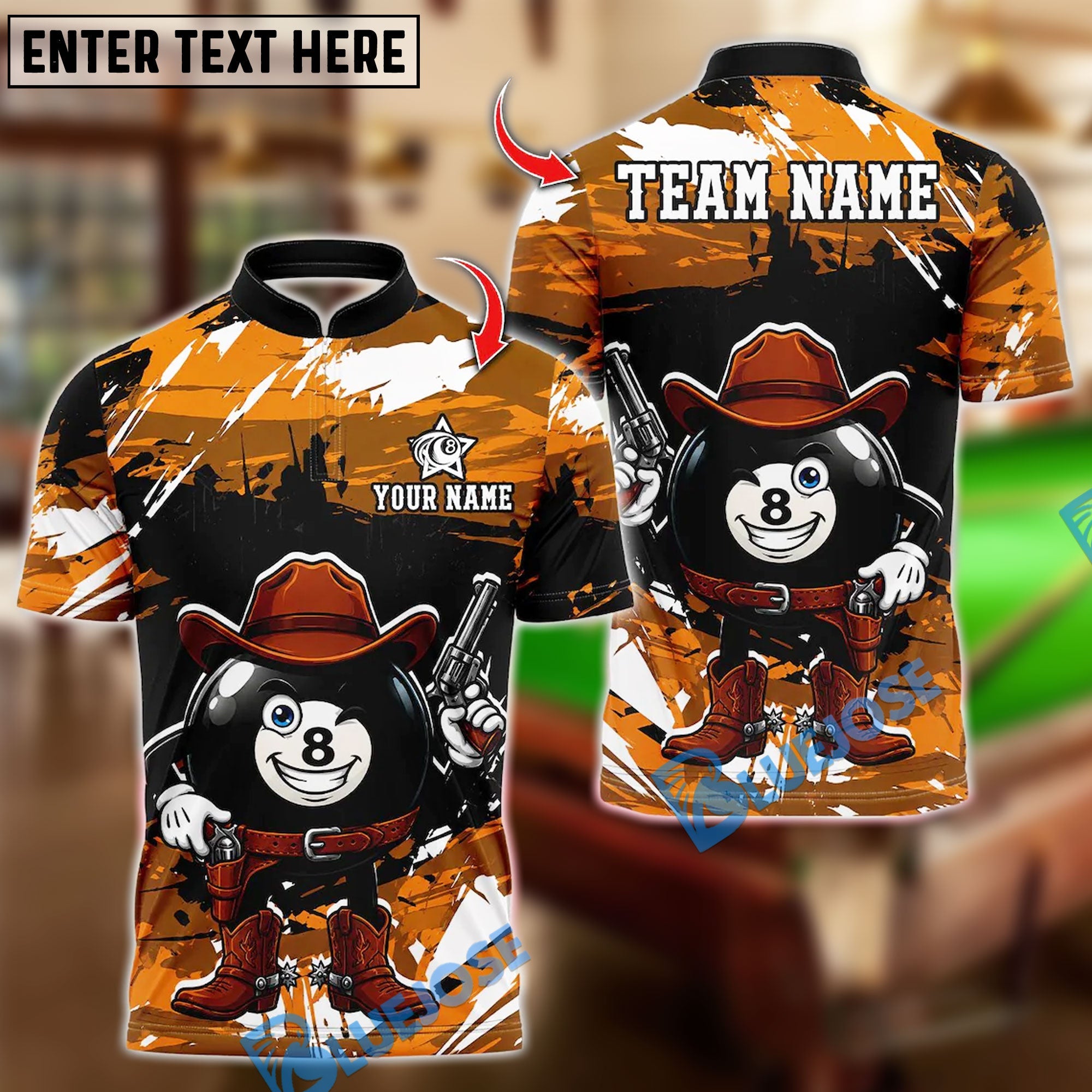 BlueJose Billiards 8 Ball Funny Cowboy Western Personalized Name Shirt (6 Colors)