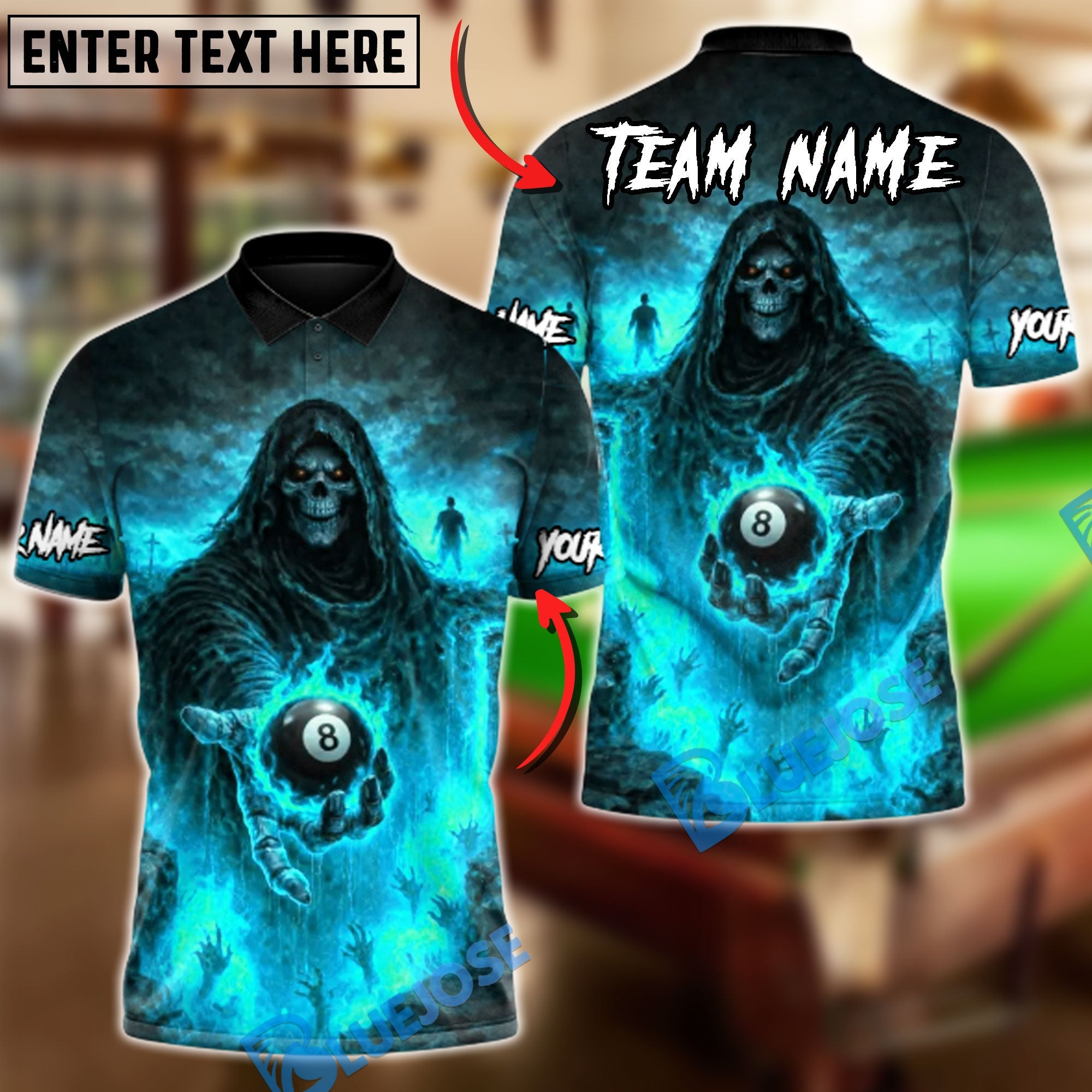 BlueJose Billiards 8 Ball Grim Reaper Hellfire Personalized Name Shirt (4 Colors)