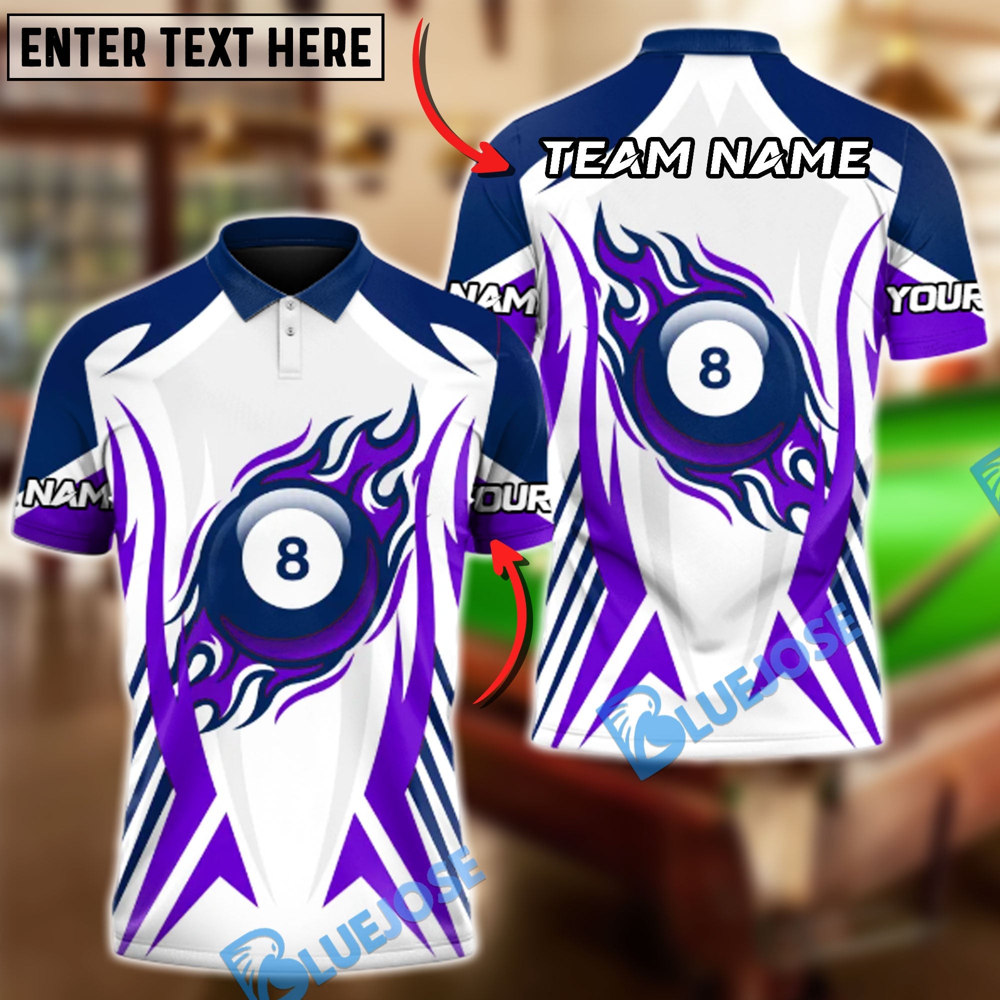 BlueJose Billiards 8 Ball Flaming Personalized Name Shirt (4 Colors)
