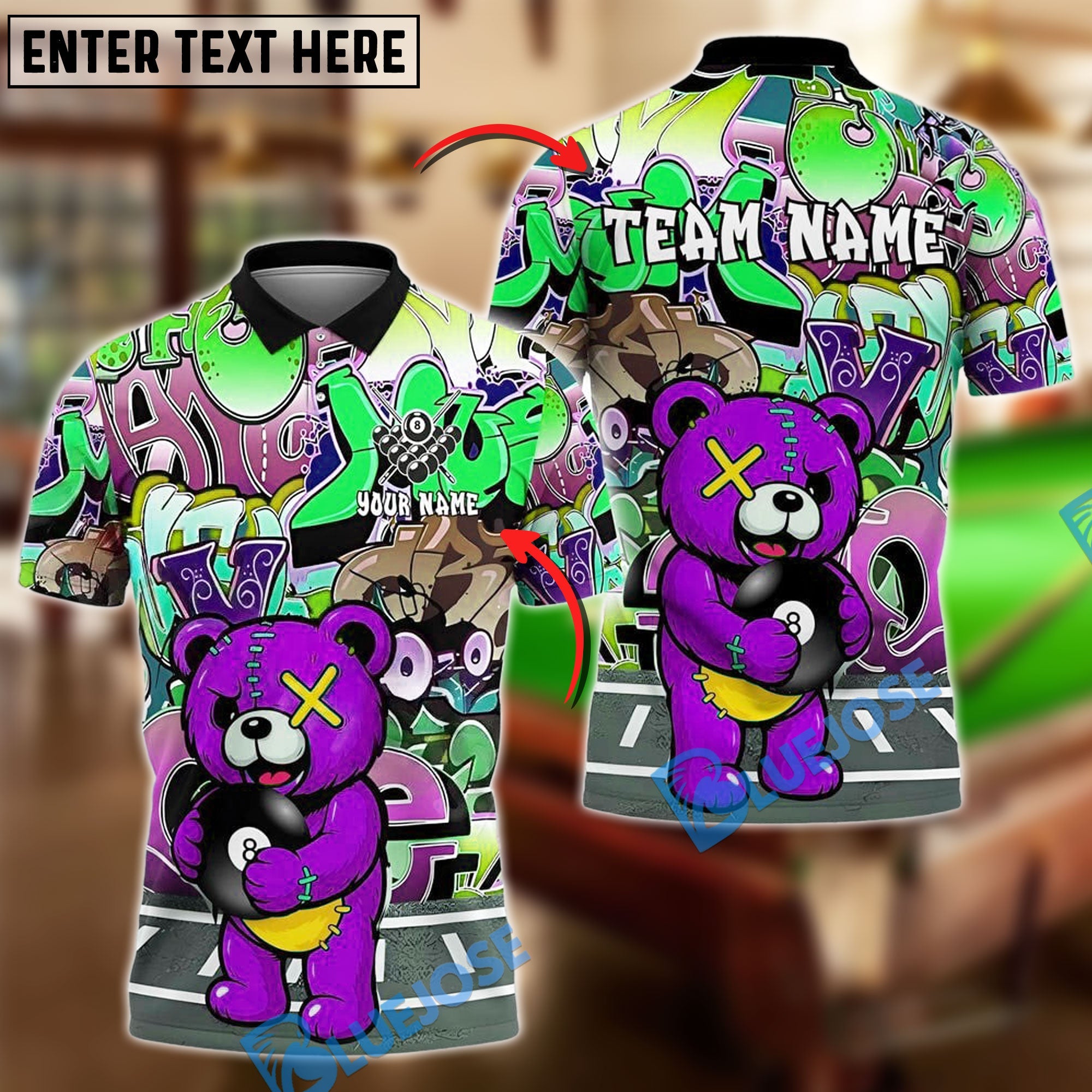 BlueJose Billiards Street Style 8-Ball Teddy Bear Personalized Name Shirt (4 Colors)