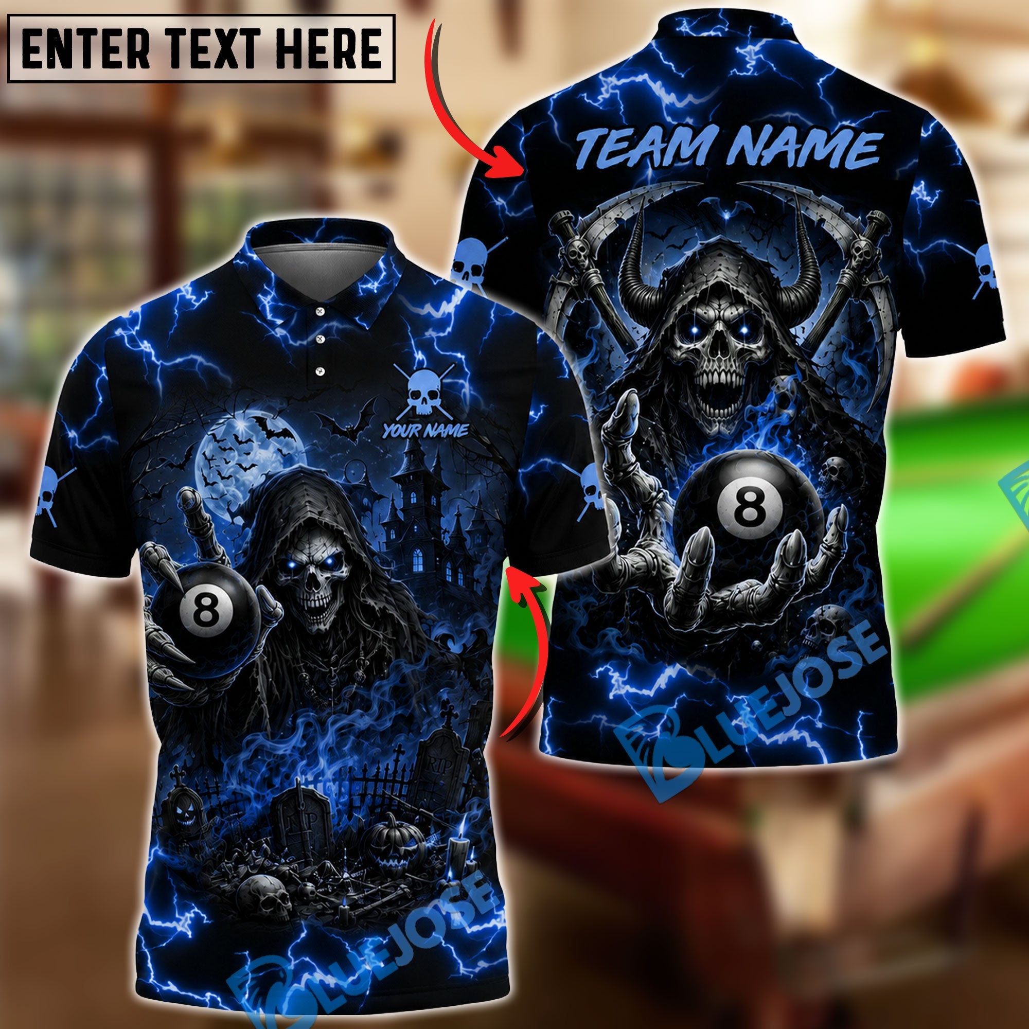 BlueJose Billiards 8 Ball Haunted Grim Reaper Personalized Name Shirt (6 Colors)