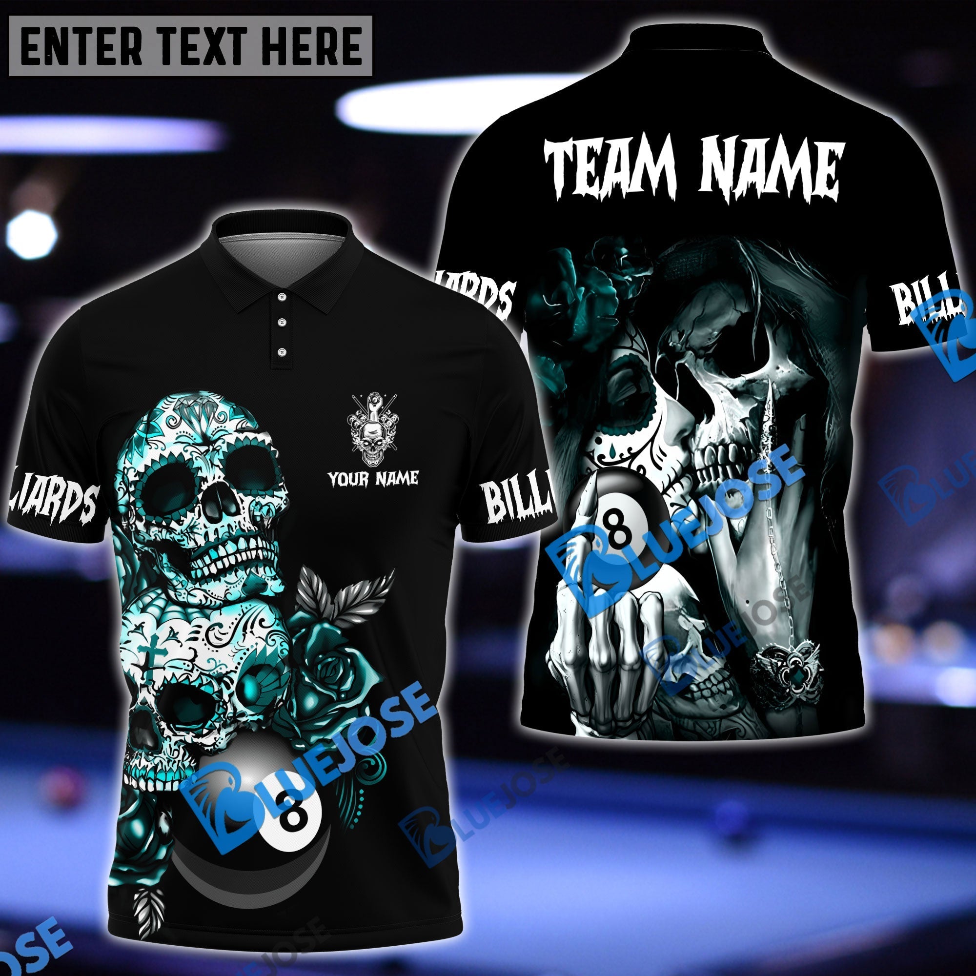 BlueJose Billiards Ball 8 Day Of The Death Personalized Name, Team Name Shirt (4 Colors)