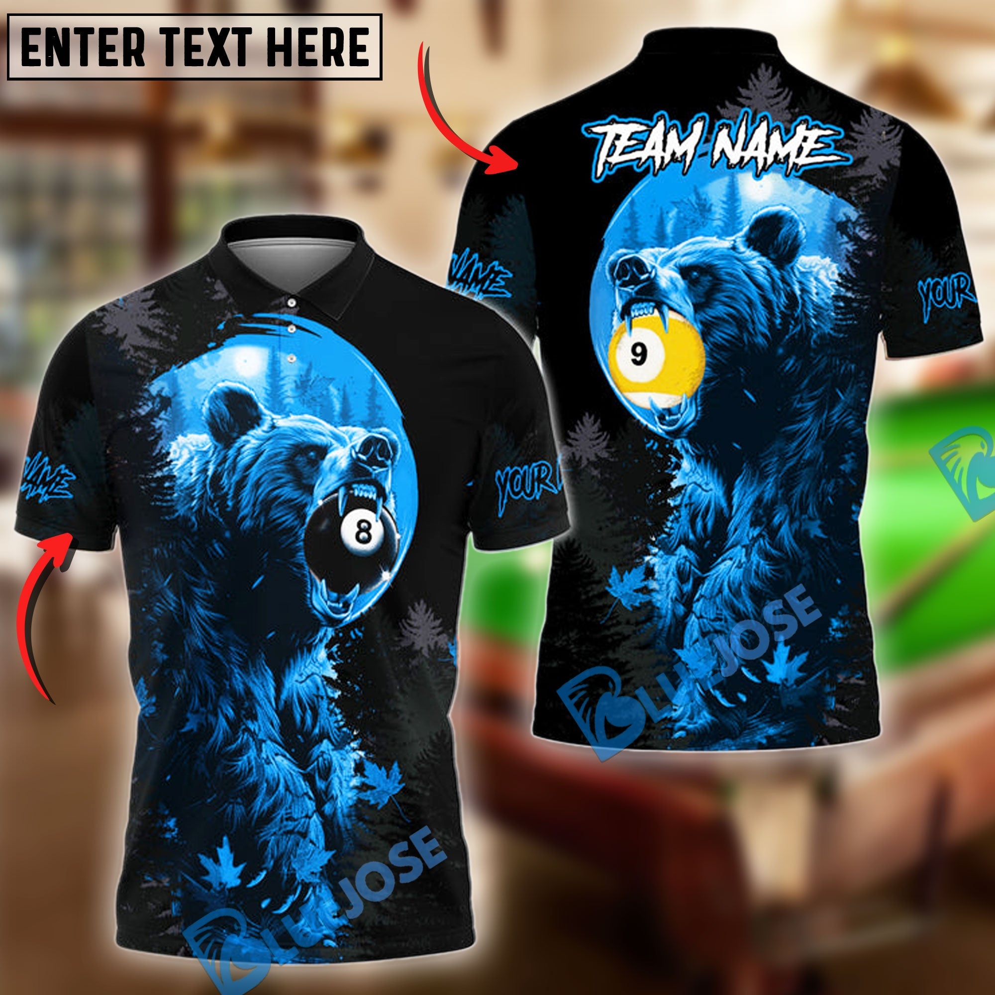 BlueJose Billiards Ball 8 & Ball 9 Bear Forest Personalized Name & Team Name Shirt (4 Colors)