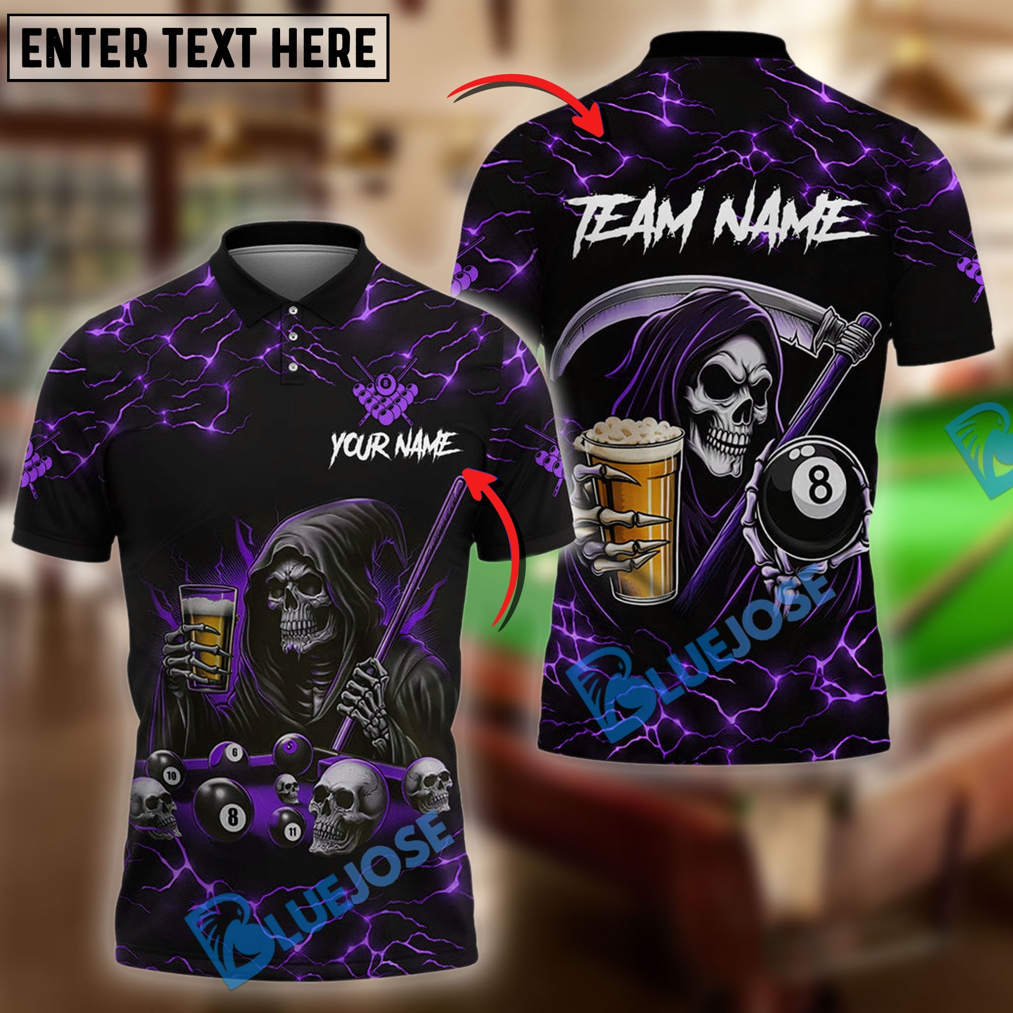 BlueJose Billiards Ball 8 Death Skeleton & Beer Personalized Shirt (6 Colors)