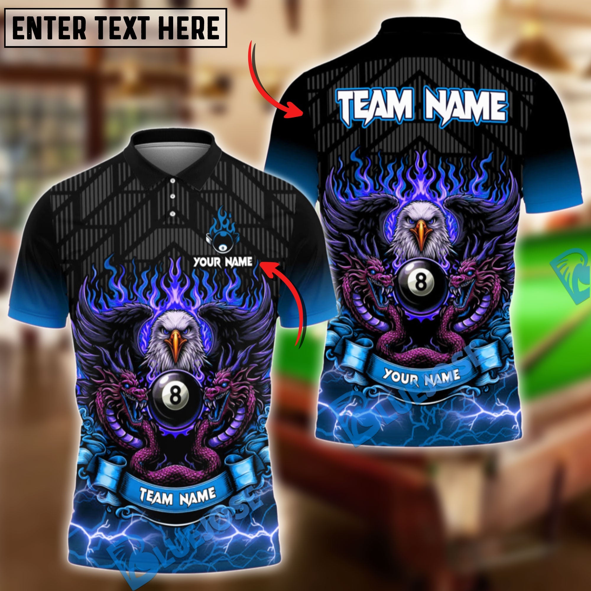 BlueJose Billiards Ball 8 Eagle Dragon Personalized Name & Team Name Shirt (4 Colors)
