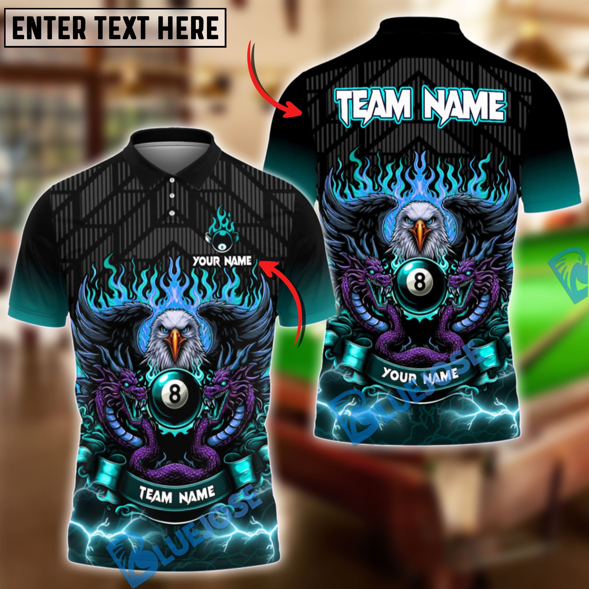 BlueJose Billiards Ball 8 Eagle Dragon Personalized Name & Team Name Shirt (4 Colors)