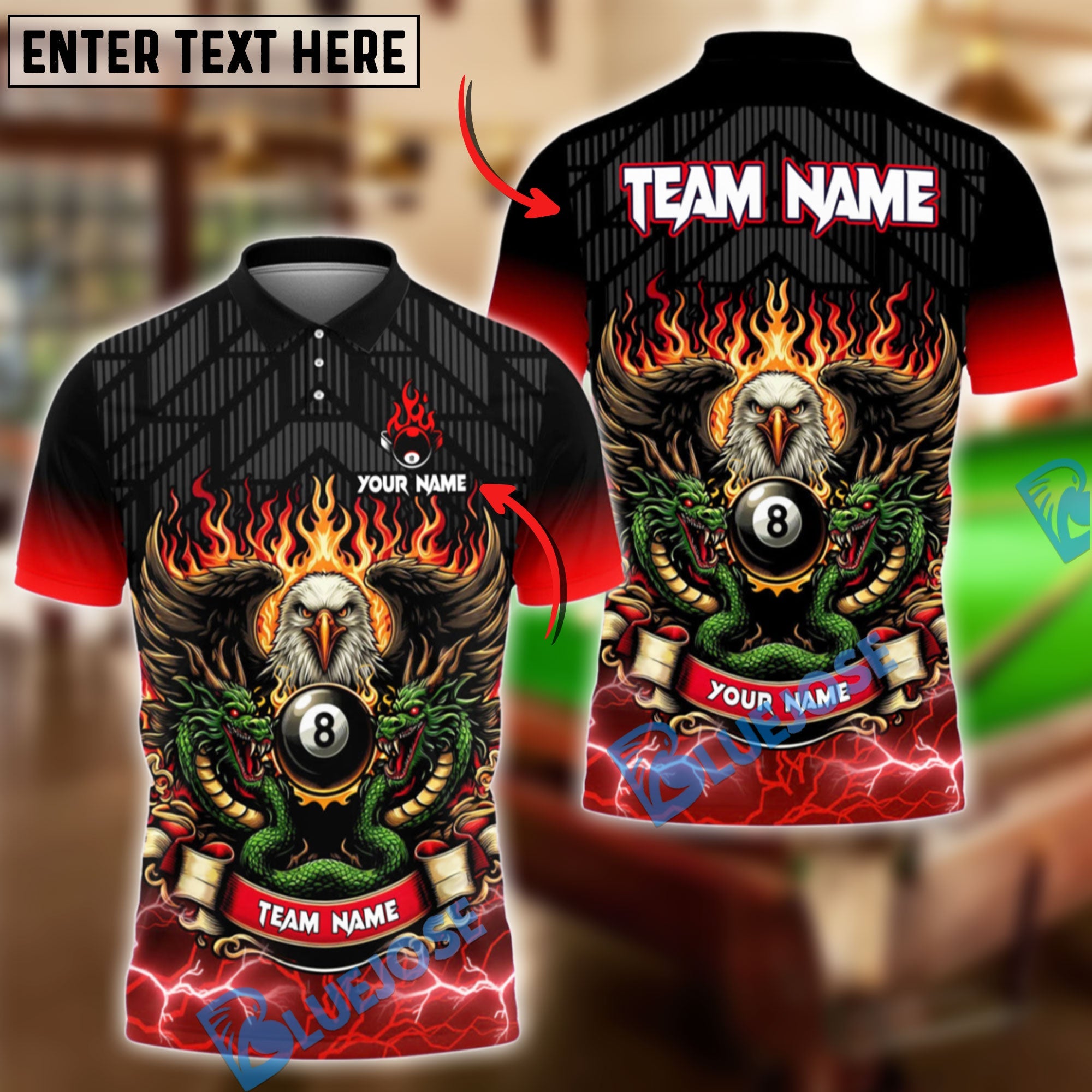 BlueJose Billiards Ball 8 Eagle Dragon Personalized Name & Team Name Shirt (4 Colors)