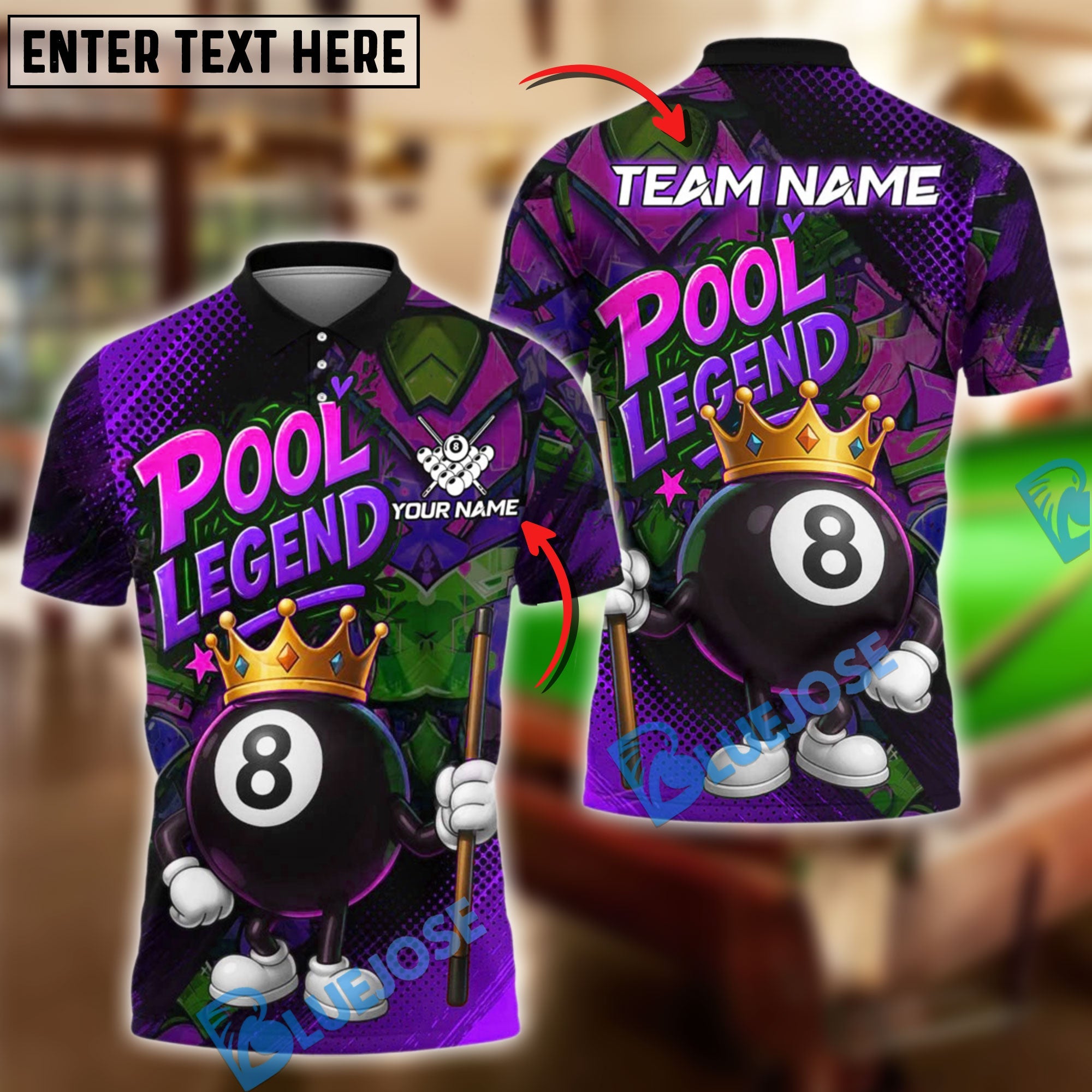 BlueJose Billiards Pool Legend King Personalized Name Shirt (4 Colors)