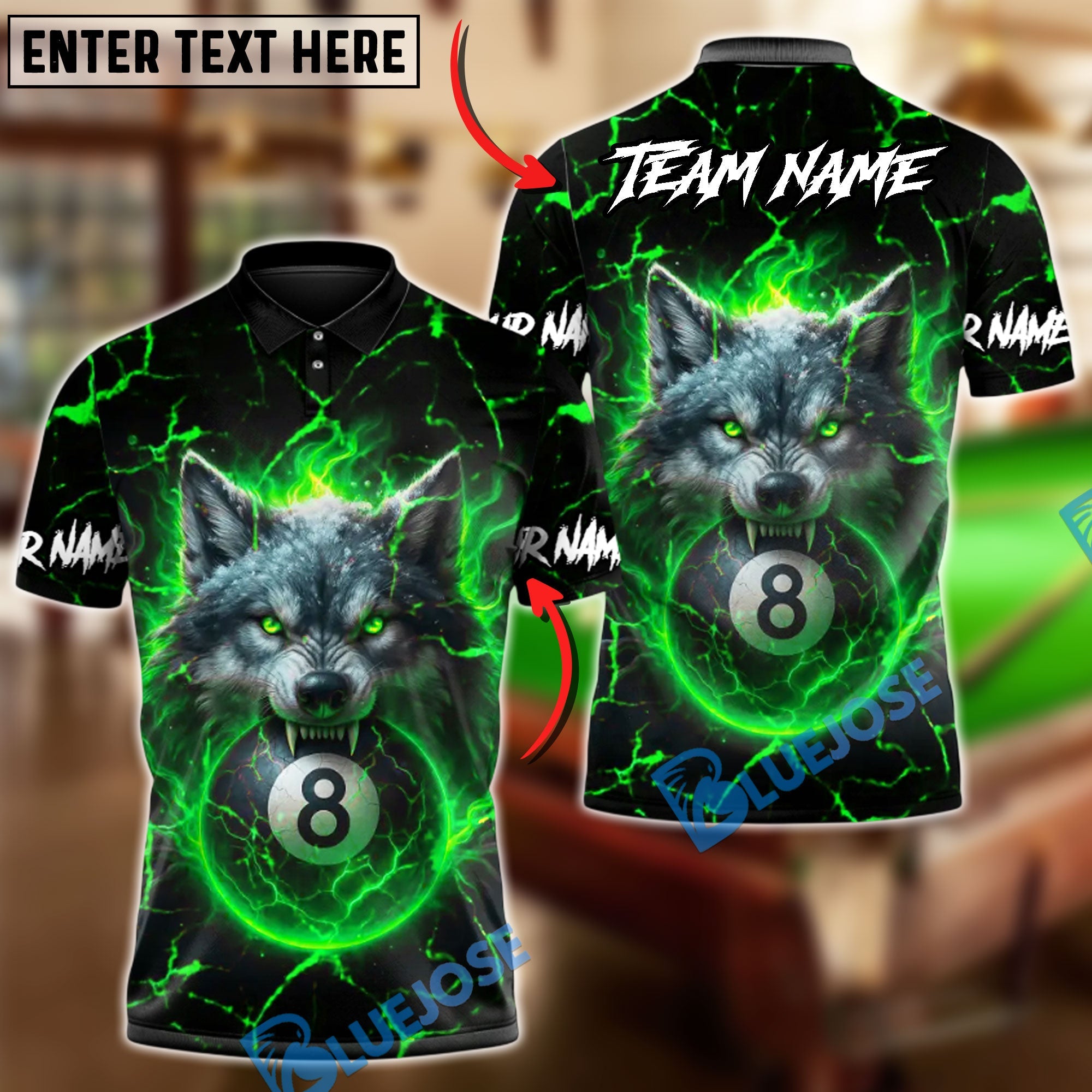 BlueJose Billiards 8 Ball Fire Alpha Wolf Personalized Name Shirt (4 Colors)