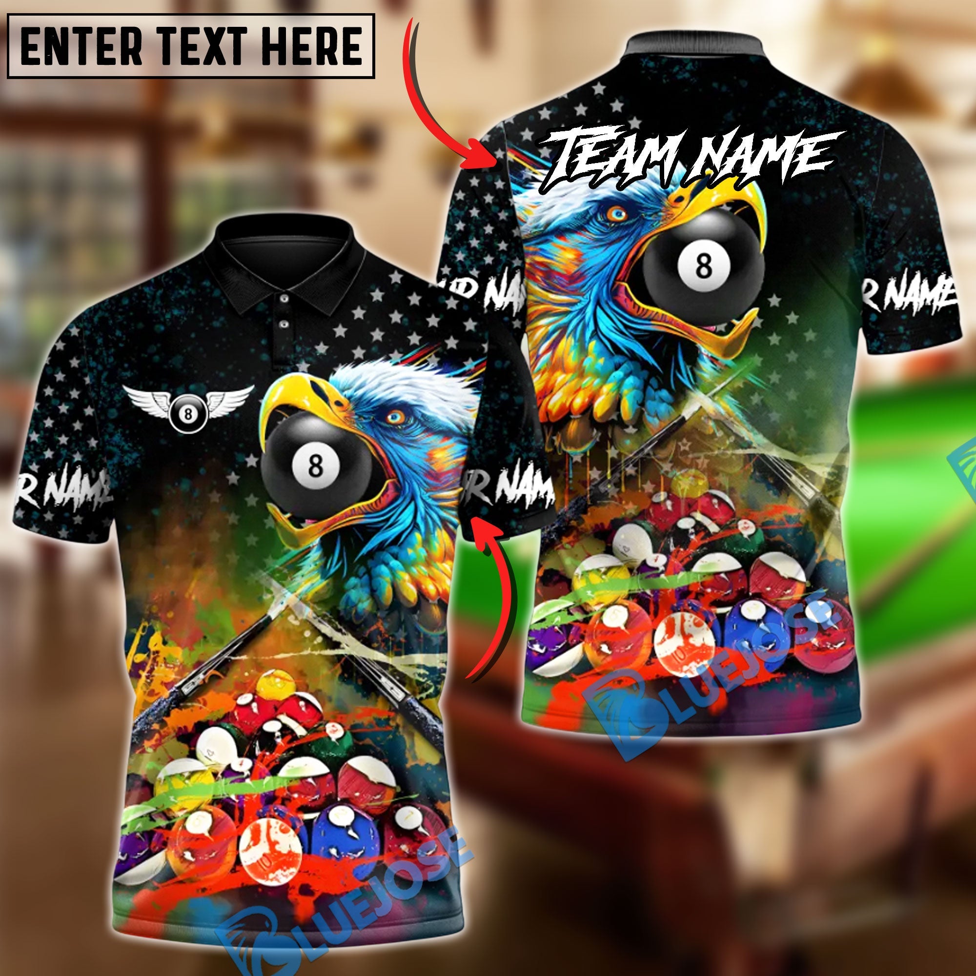 BlueJoses Billiards 8 Ball American Flag Eagle Paint Art Customized Name, Team Name 3D Shirt