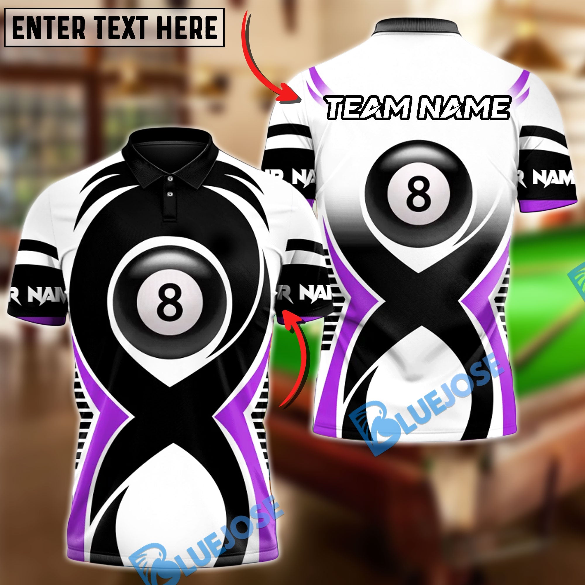 BlueJose Billiards 8 Ball Athletic Racing Speed Lines Personalized Name Shirt (4 Colors)