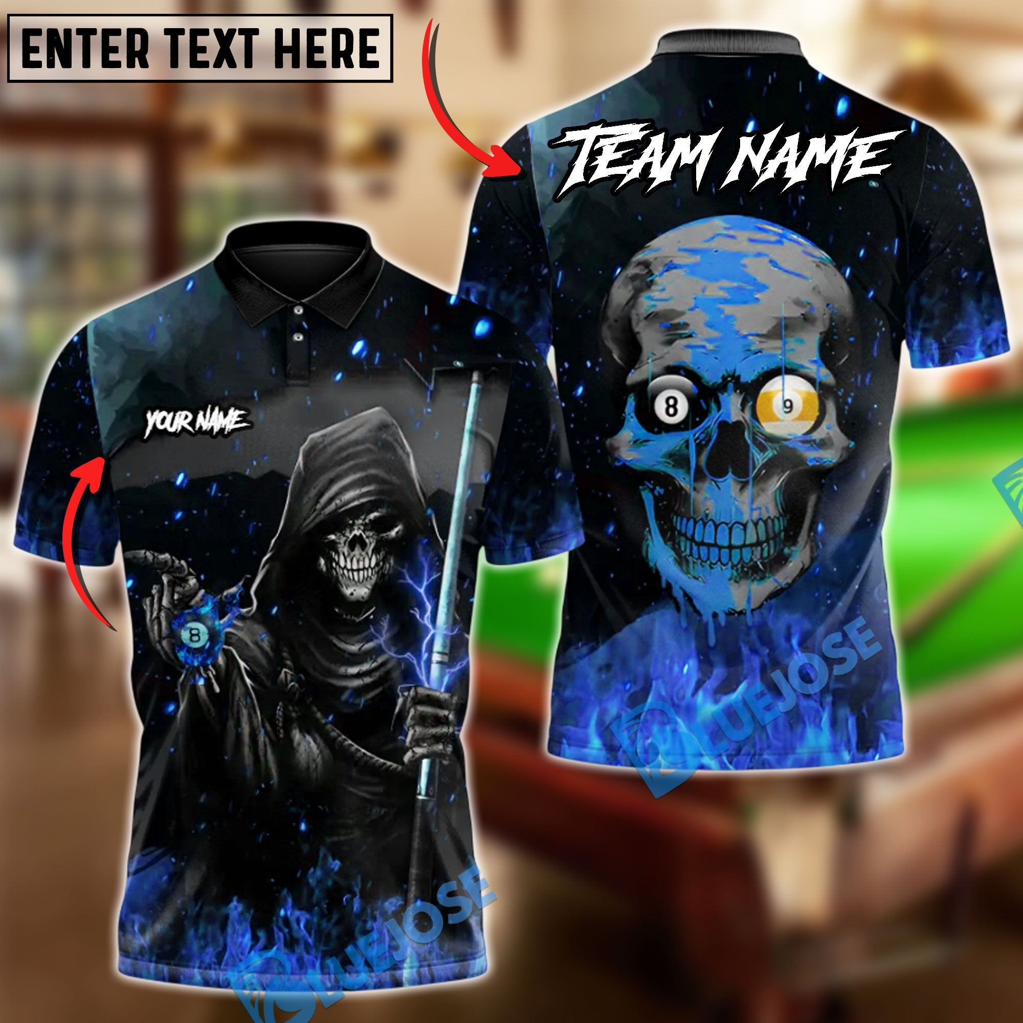 BlueJose Billiards 8 ball & 9 Ball Ghostly Hooded Reaper Skull Hustler Personalized Name Shirt (4 Colors)