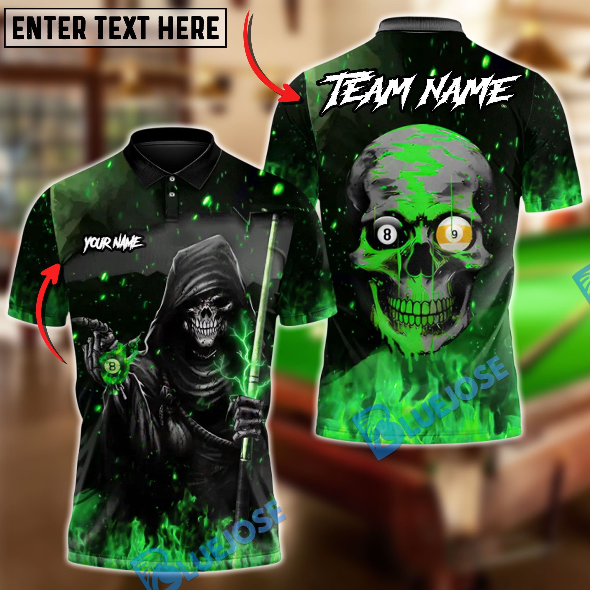 BlueJose Billiards 8 ball & 9 Ball Ghostly Hooded Reaper Skull Hustler Personalized Name Shirt (4 Colors)