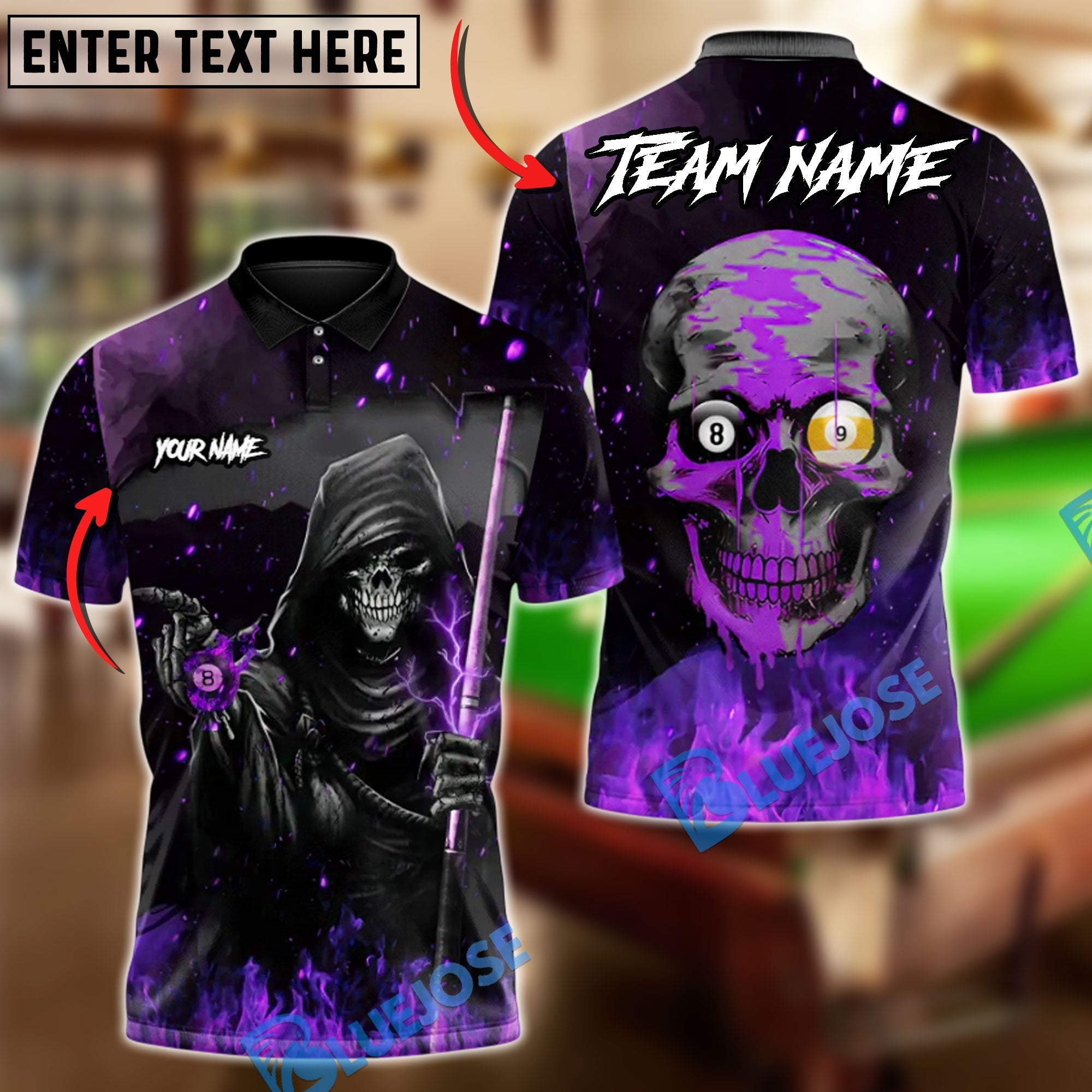 BlueJose Billiards 8 ball & 9 Ball Ghostly Hooded Reaper Skull Hustler Personalized Name Shirt (4 Colors)