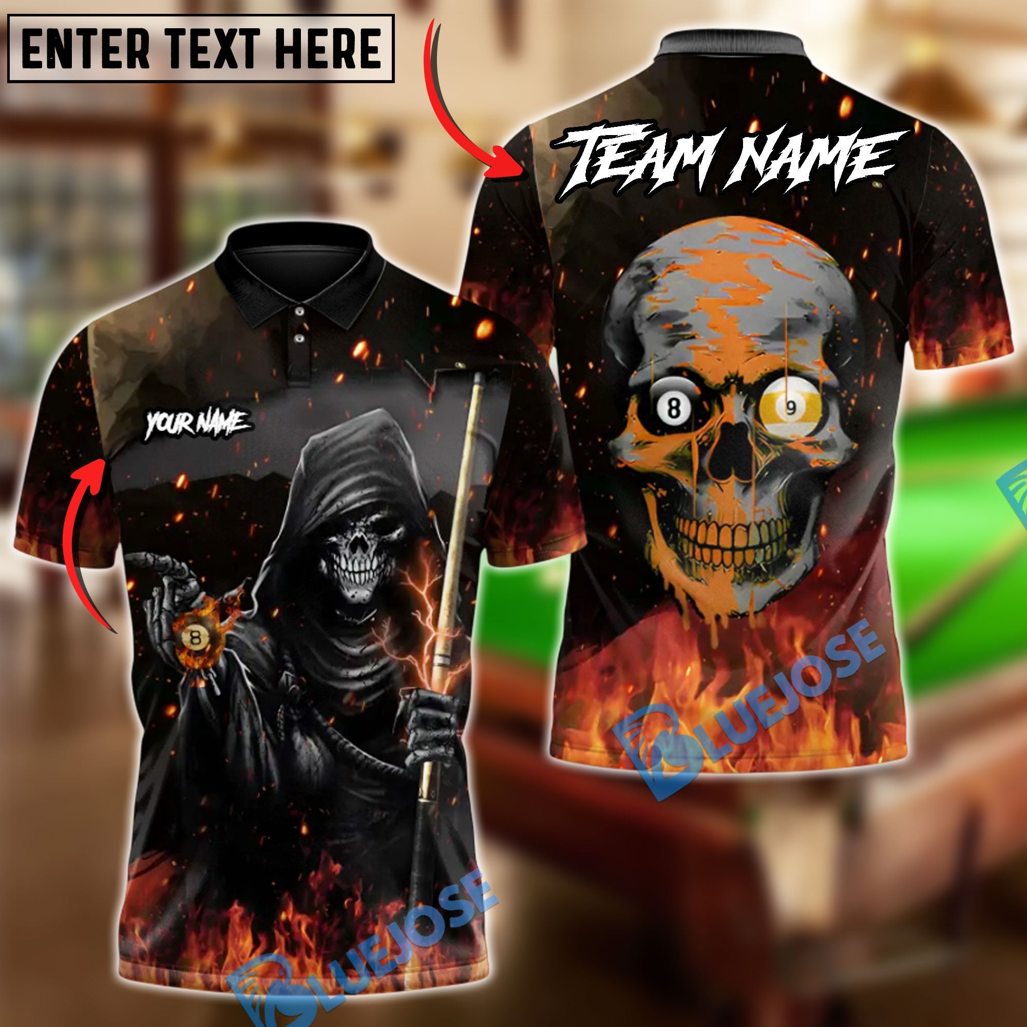 BlueJose Billiards 8 ball & 9 Ball Ghostly Hooded Reaper Skull Hustler Personalized Name Shirt (4 Colors)