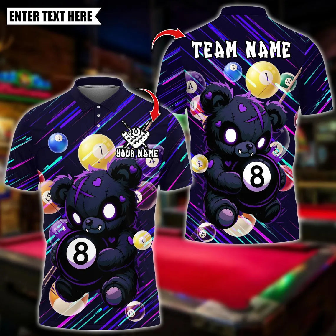 BlueJose Billiards Scary Teddy Bear With 8 Ball Design Personalized Name Shirt (4 Colors)