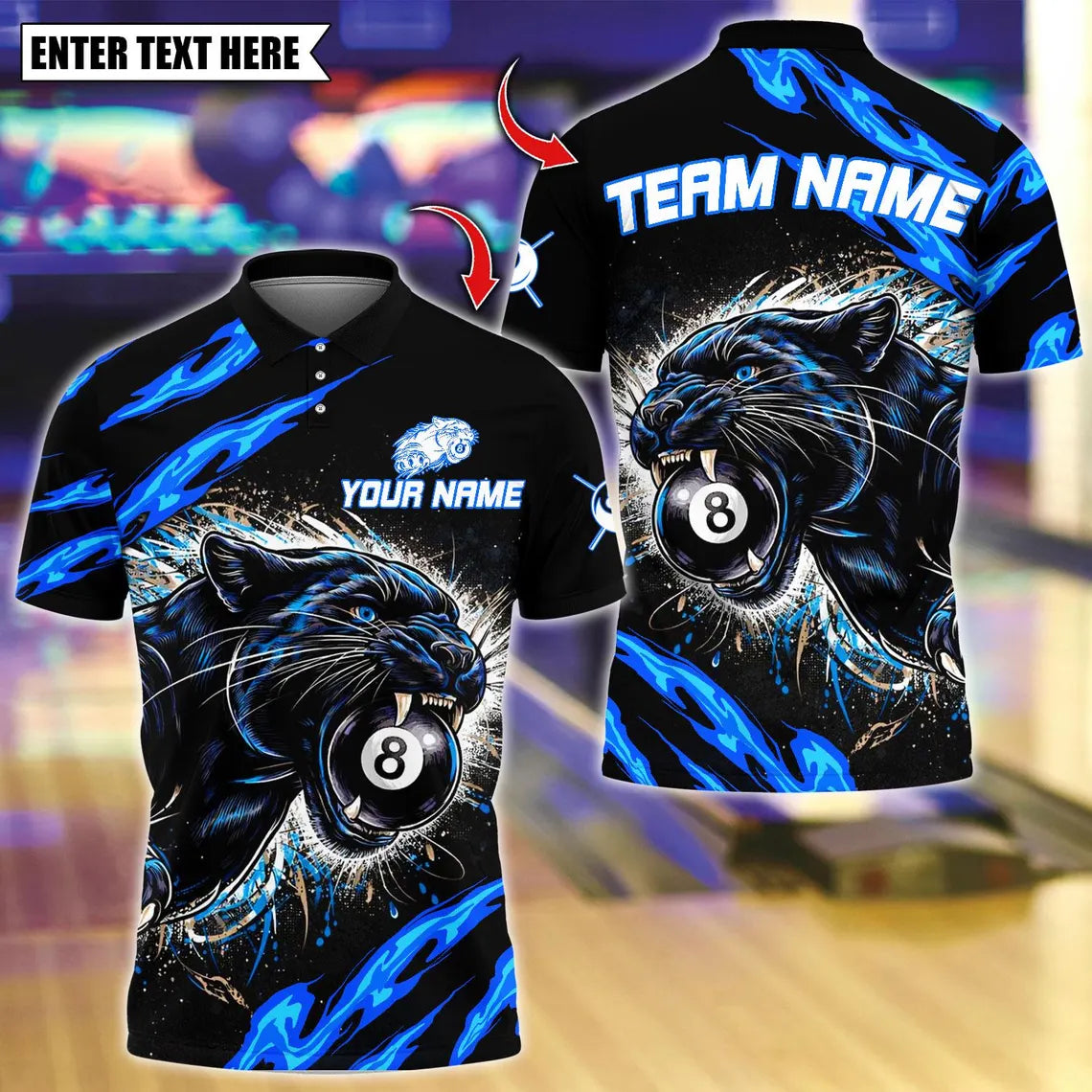 BlueJose Billiards Flaming Angry Black Panther 8 Ball Design Personalized Name Shirt (4 Colors)