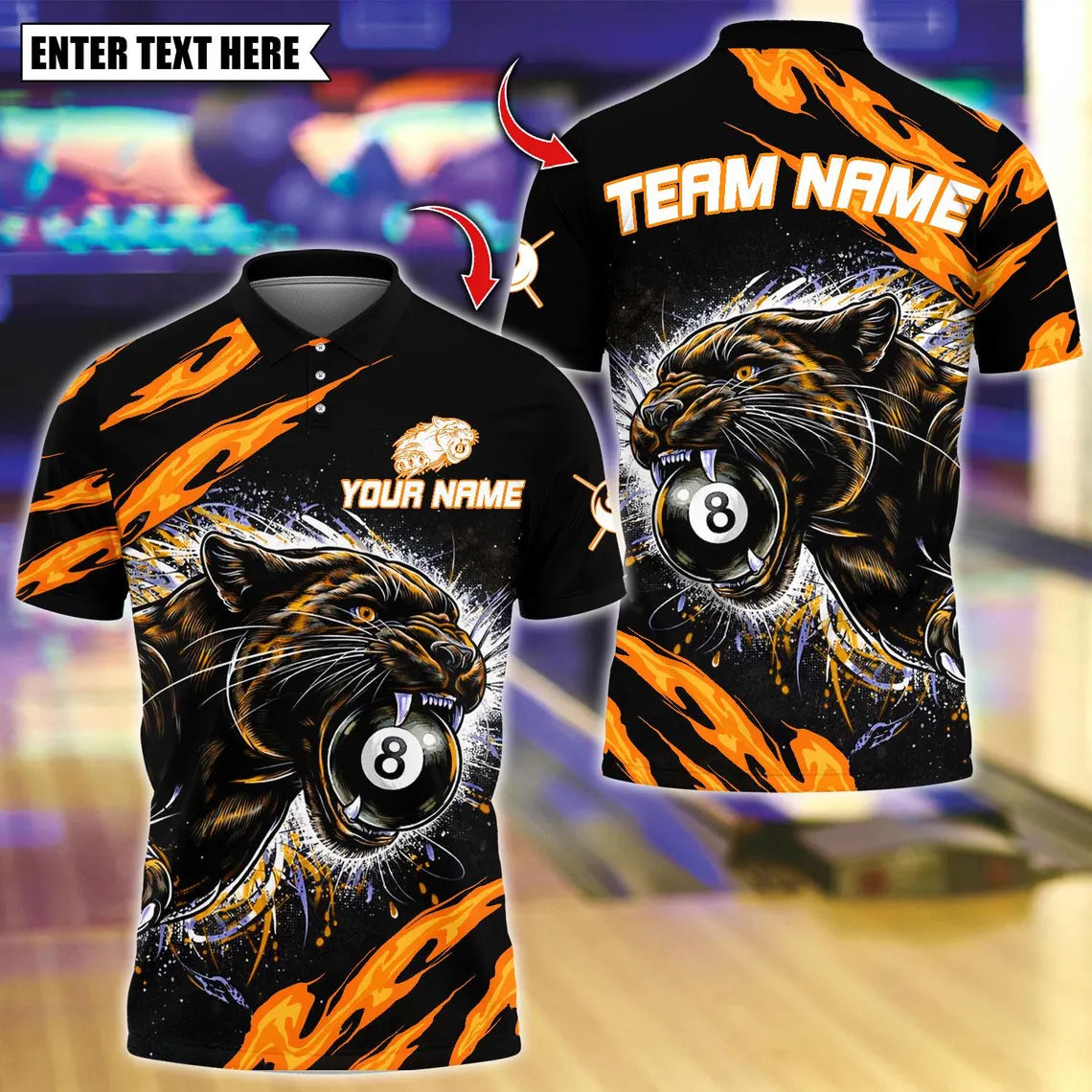 BlueJose Billiards Flaming Angry Black Panther 8 Ball Design Personalized Name Shirt (4 Colors)