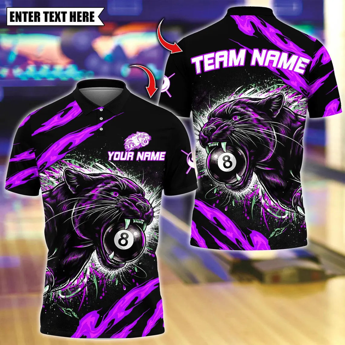 BlueJose Billiards Flaming Angry Black Panther 8 Ball Design Personalized Name Shirt (4 Colors)