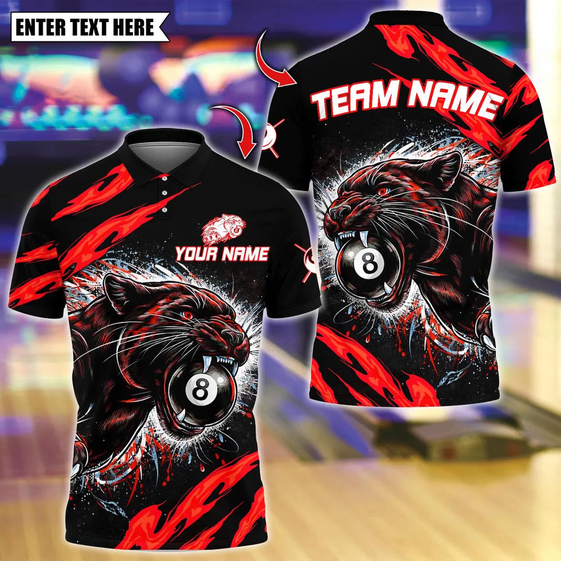 BlueJose Billiards Flaming Angry Black Panther 8 Ball Design Personalized Name Shirt (4 Colors)