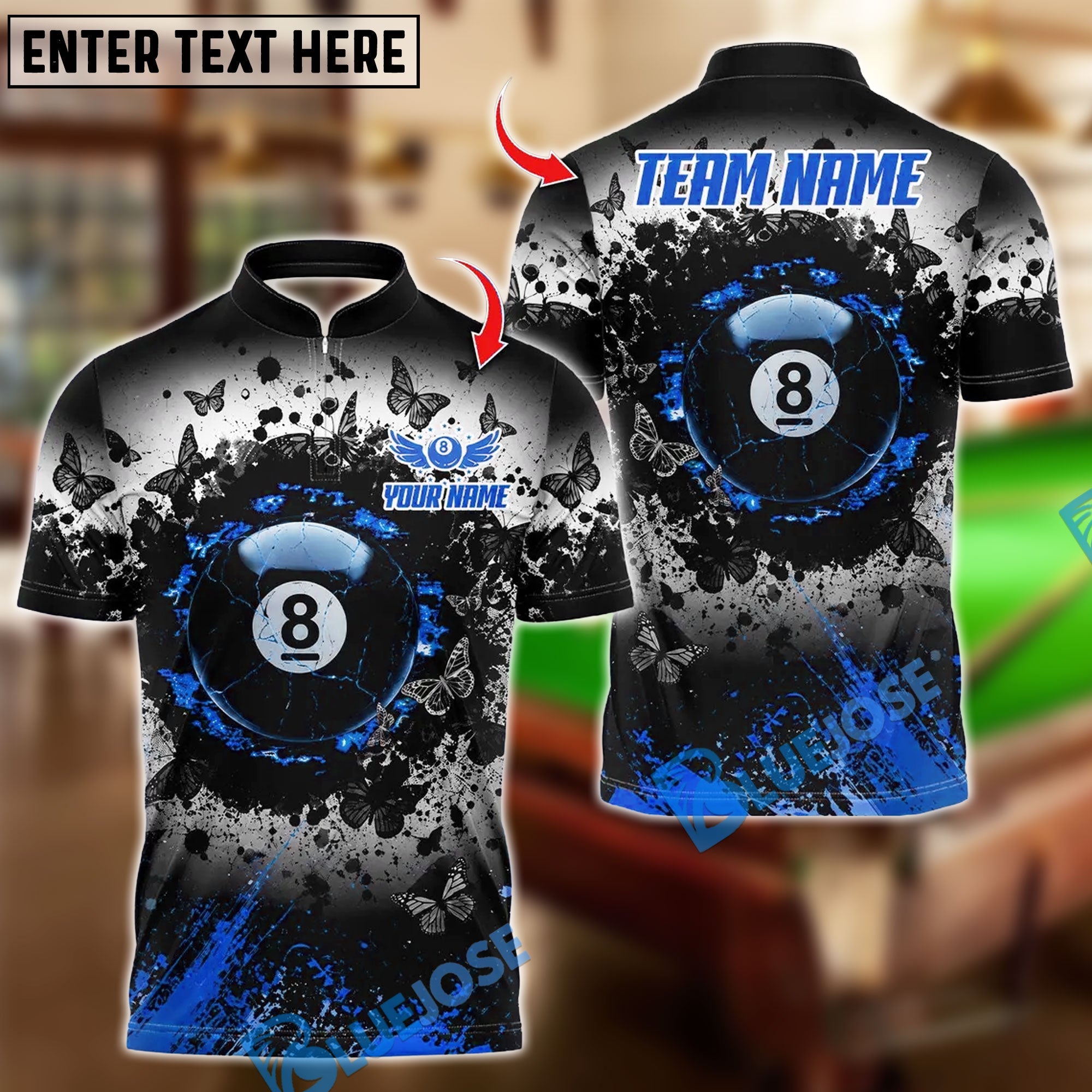 BlueJose Billiards Butterfly 8 Ball Pool Crack Design Personalized Name Shirt (4 Colors)