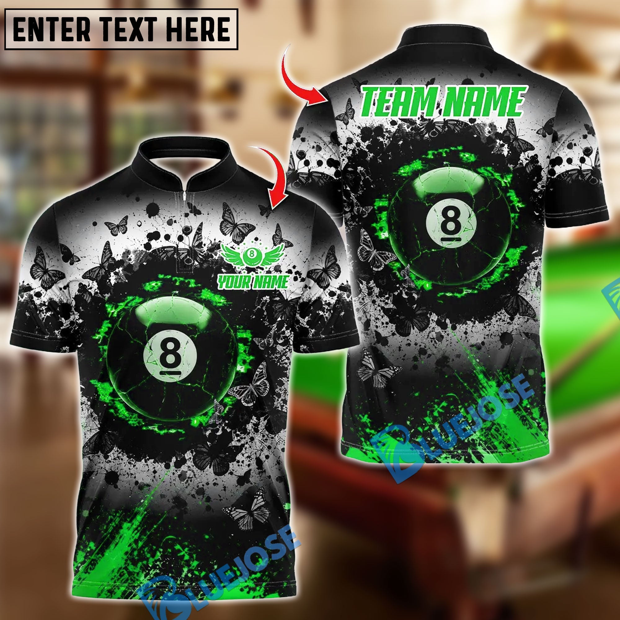 BlueJose Billiards Butterfly 8 Ball Pool Crack Design Personalized Name Shirt (4 Colors)