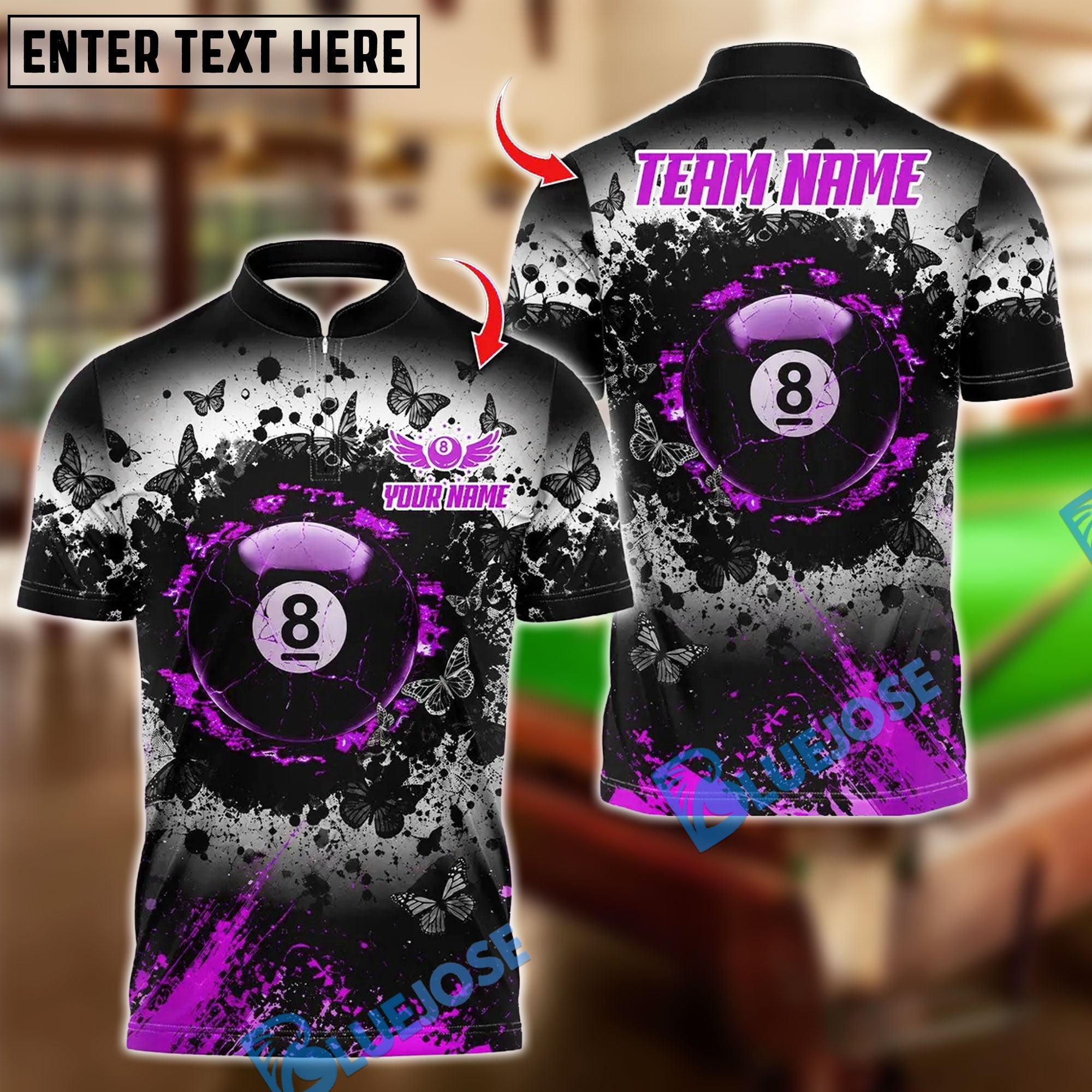 BlueJose Billiards Butterfly 8 Ball Pool Crack Design Personalized Name Shirt (4 Colors)