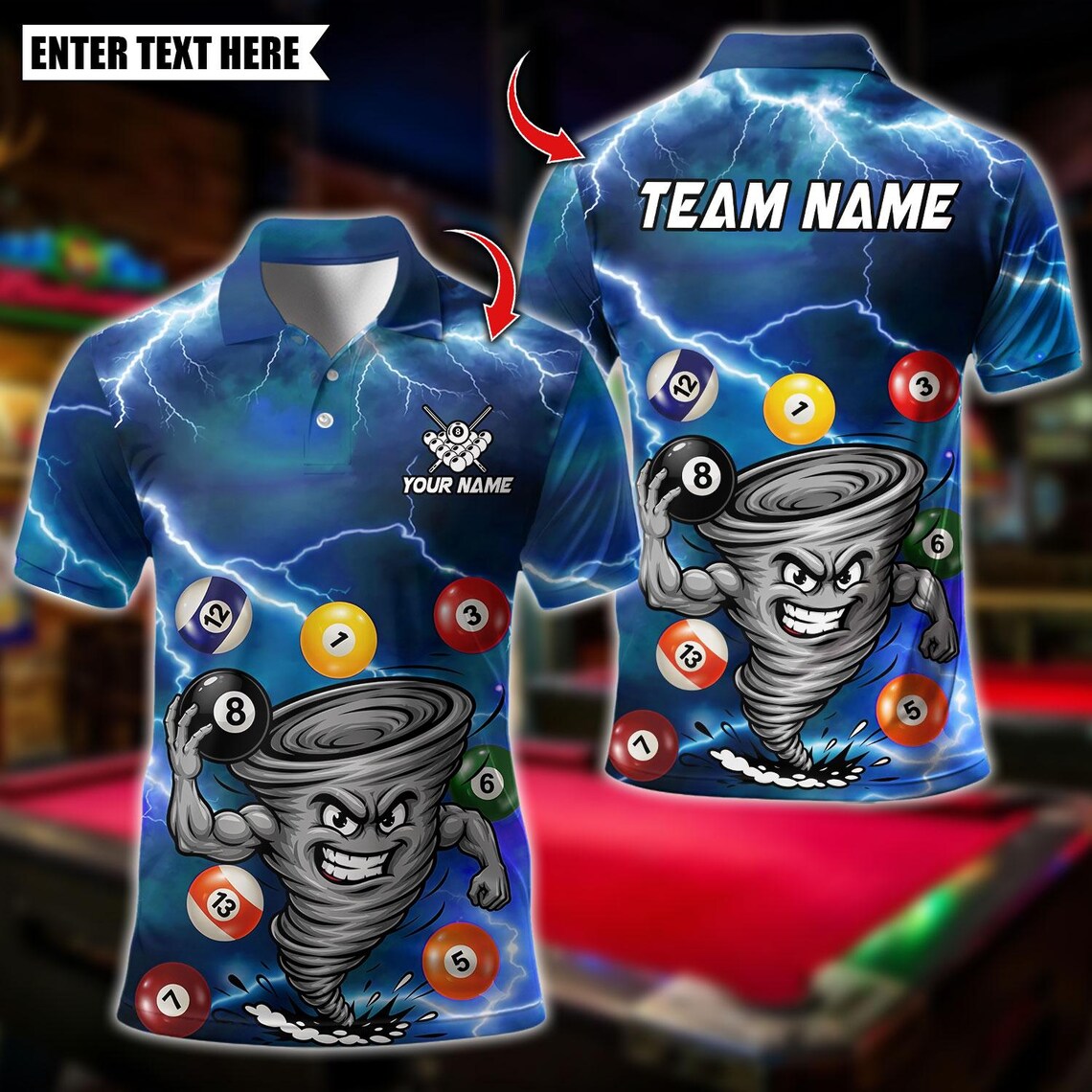 BlueJose Billiards Funny Muscle Tornado Billiards Ball Design Personalized Name Shirt (4 Colors)