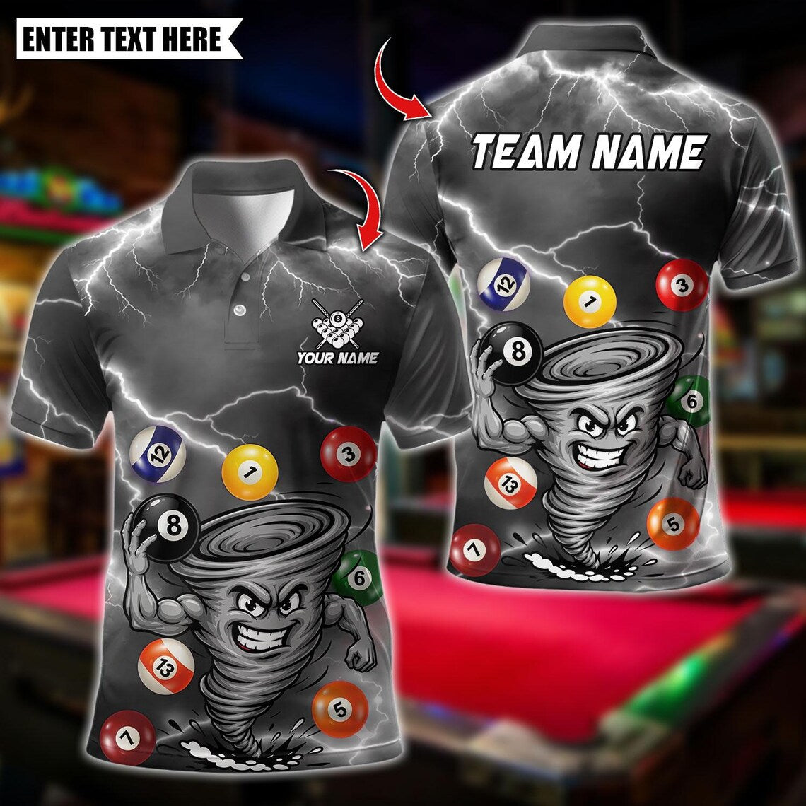 BlueJose Billiards Funny Muscle Tornado Billiards Ball Design Personalized Name Shirt (4 Colors)