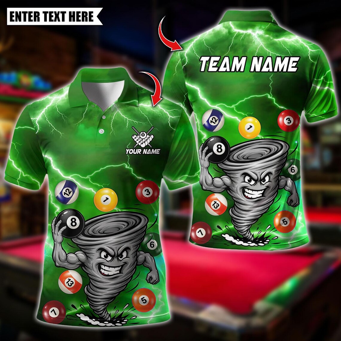 BlueJose Billiards Funny Muscle Tornado Billiards Ball Design Personalized Name Shirt (4 Colors)