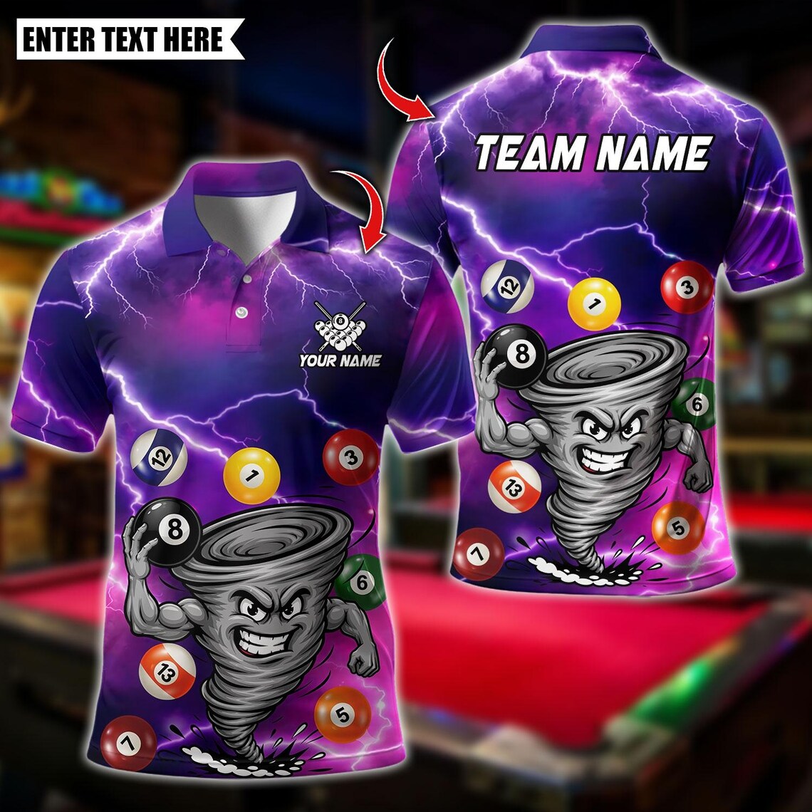 BlueJose Billiards Funny Muscle Tornado Billiards Ball Design Personalized Name Shirt (4 Colors)