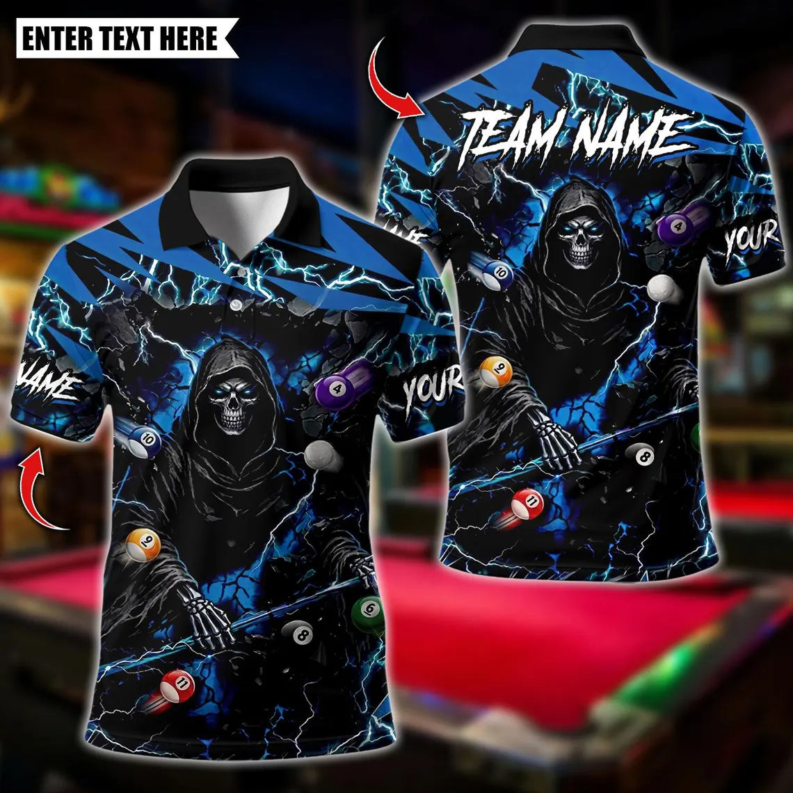 BlueJose Billiards Thunder Reaper Ball Flying Design Personalized Name Shirt (4 Colors)