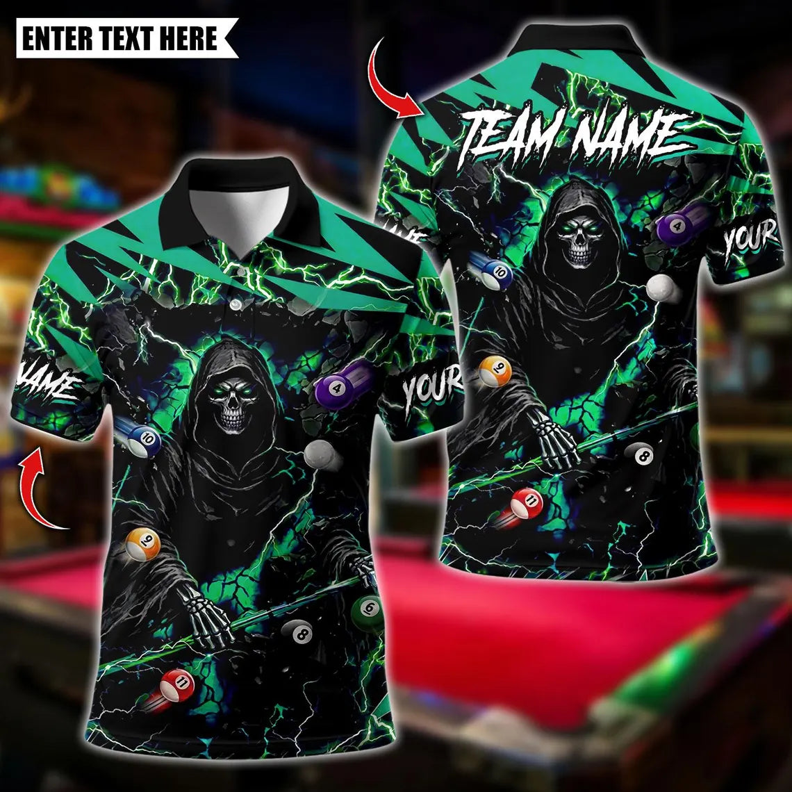 BlueJose Billiards Thunder Reaper Ball Flying Design Personalized Name Shirt (4 Colors)