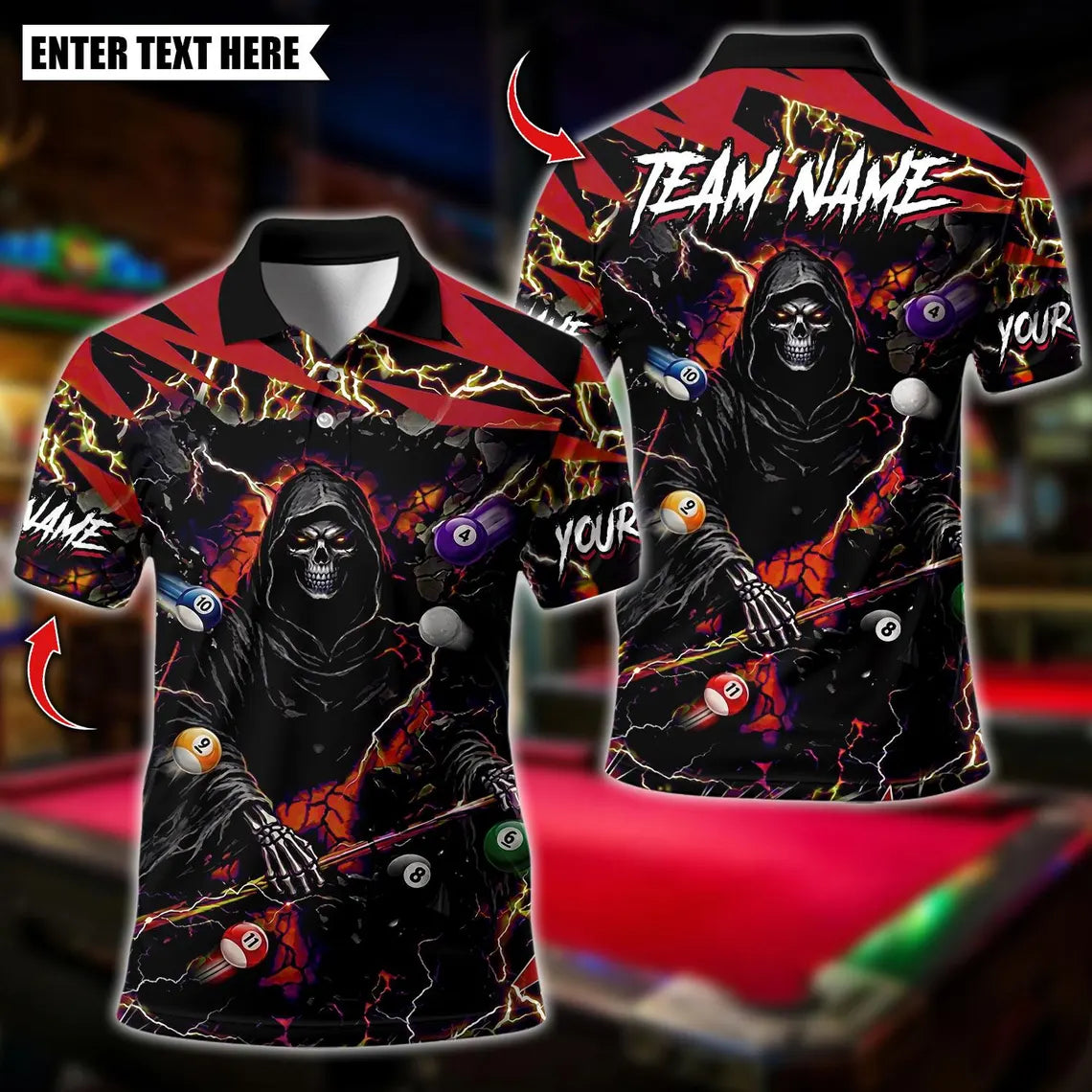 BlueJose Billiards Thunder Reaper Ball Flying Design Personalized Name Shirt (4 Colors)