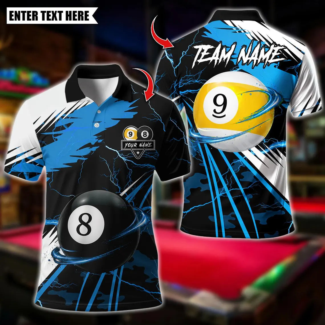 BlueJose Billiards Fire 8 & 9 Ball Design Swirl Personalized Name Shirt (4 Colors)