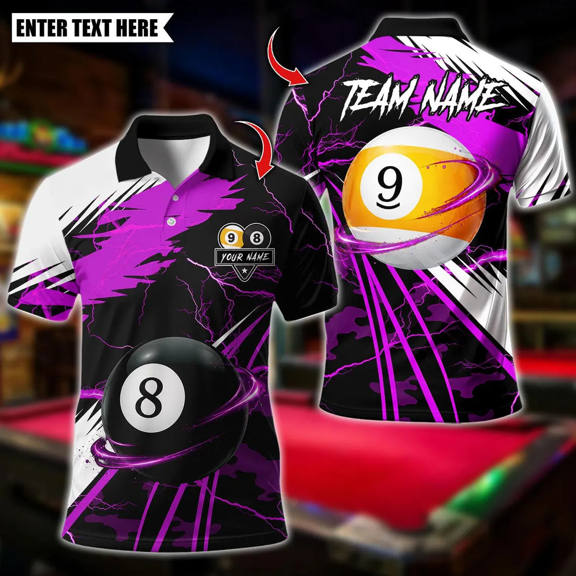 BlueJose Billiards Fire 8 & 9 Ball Design Swirl Personalized Name Shirt (4 Colors)