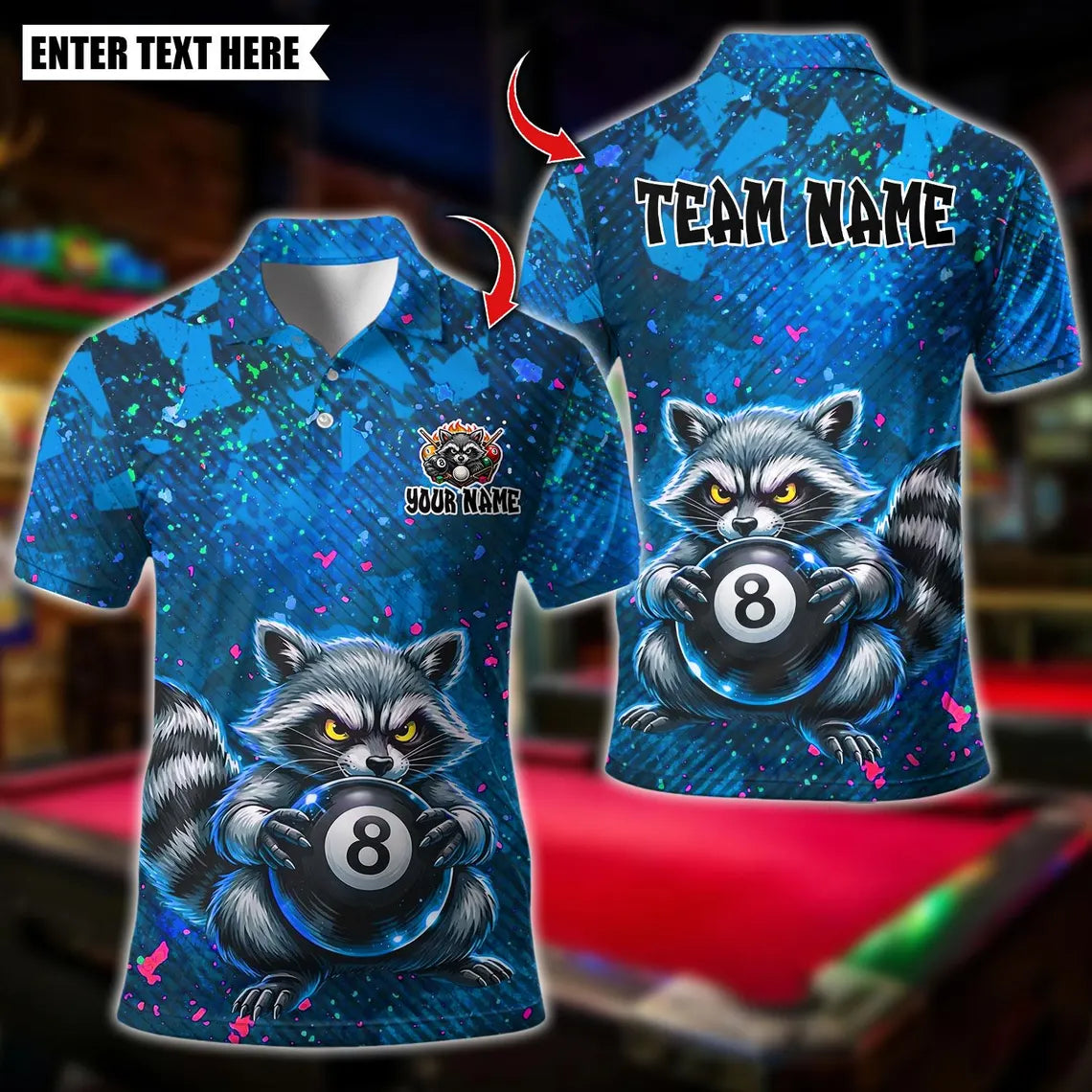 BlueJose Billiards 8 Ball Raccoon Paint Splash Personalized Name Shirt (4 Colors)
