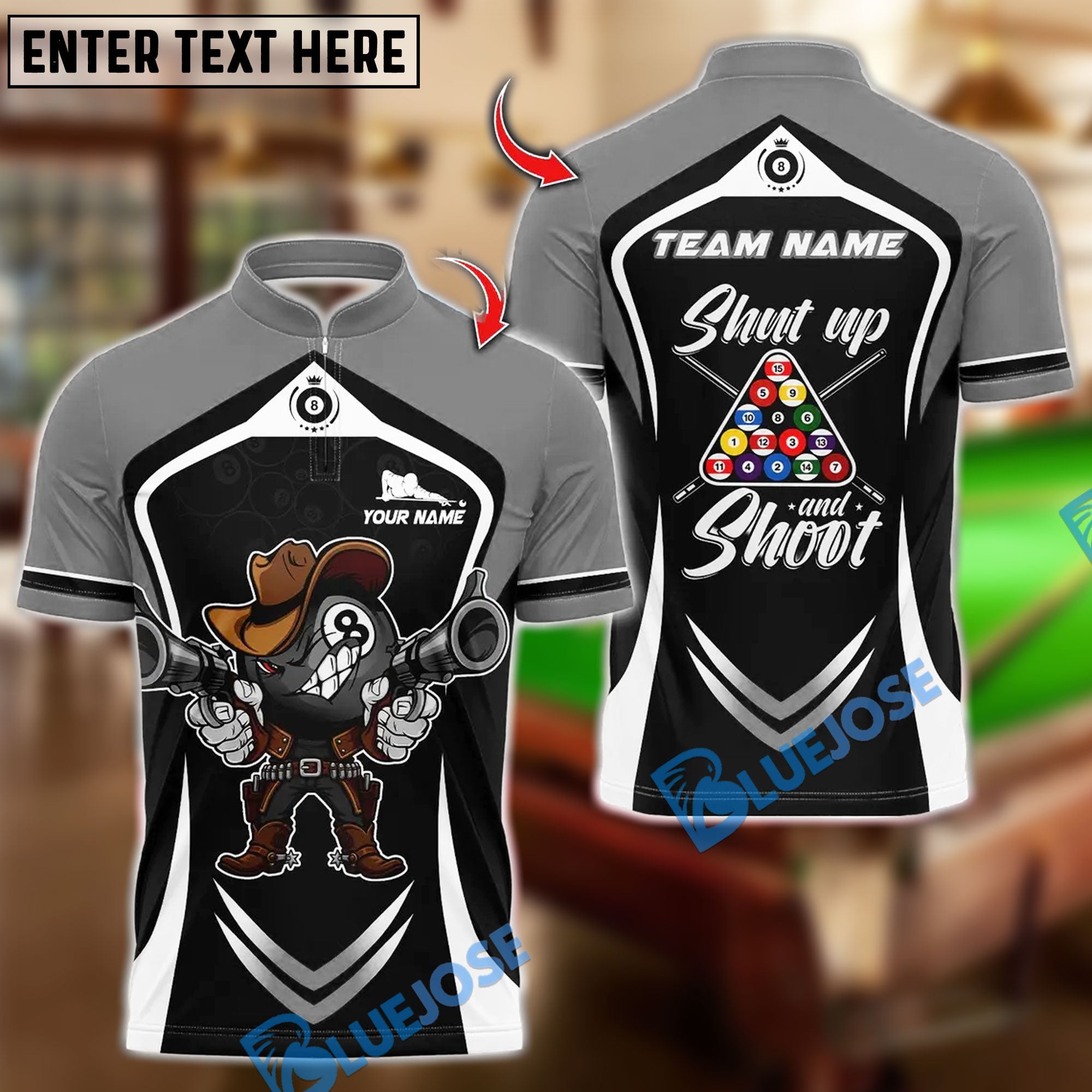 BlueJose Billiards 8-Ball Pool Cowboy Shut Up and Shoot Rack Personalized Name, Team Name Unisex Shirt (6 Colors)