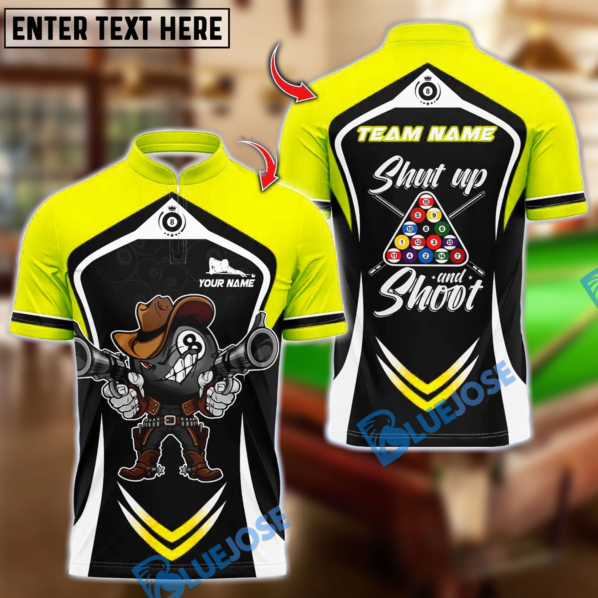 BlueJose Billiards 8-Ball Pool Cowboy Shut Up and Shoot Rack Personalized Name, Team Name Unisex Shirt (6 Colors)