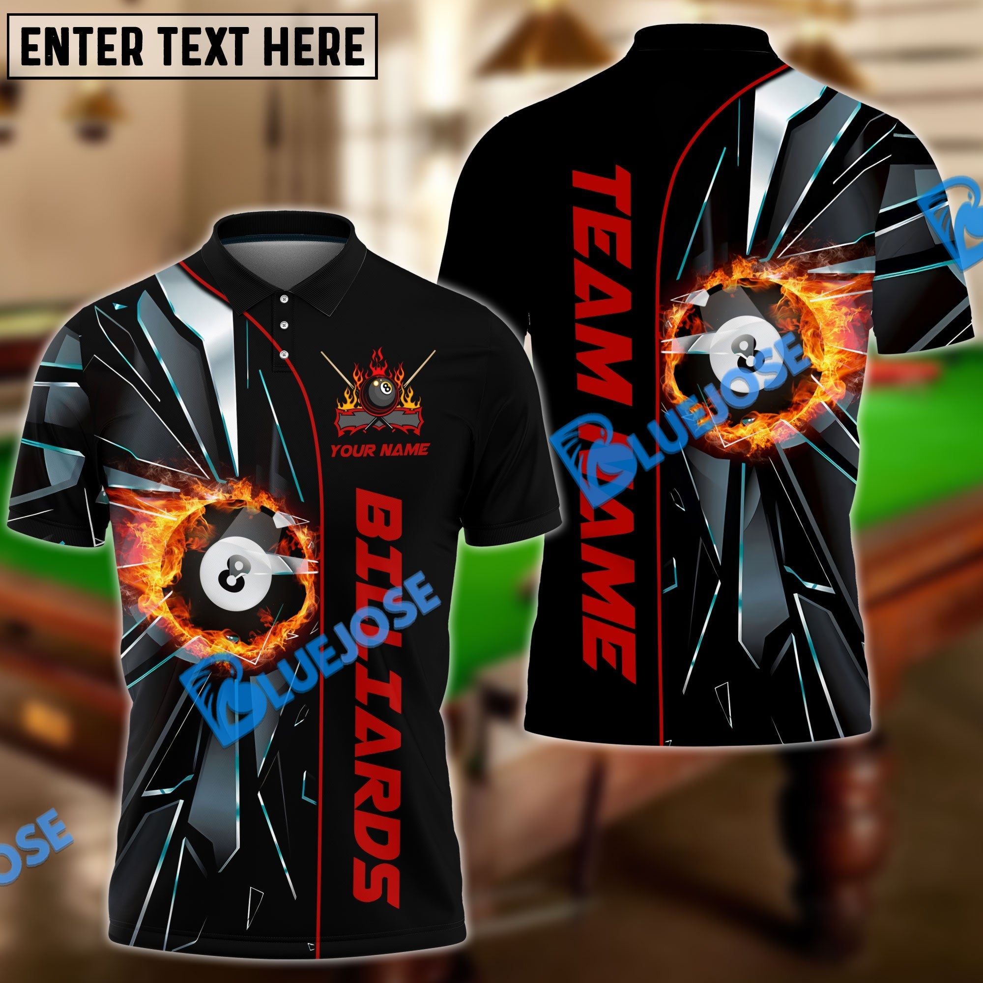 BlueJose Billiards Ball 8 Fire Broken Glass Personalized Name, Team Name Shirt (4 Colors)