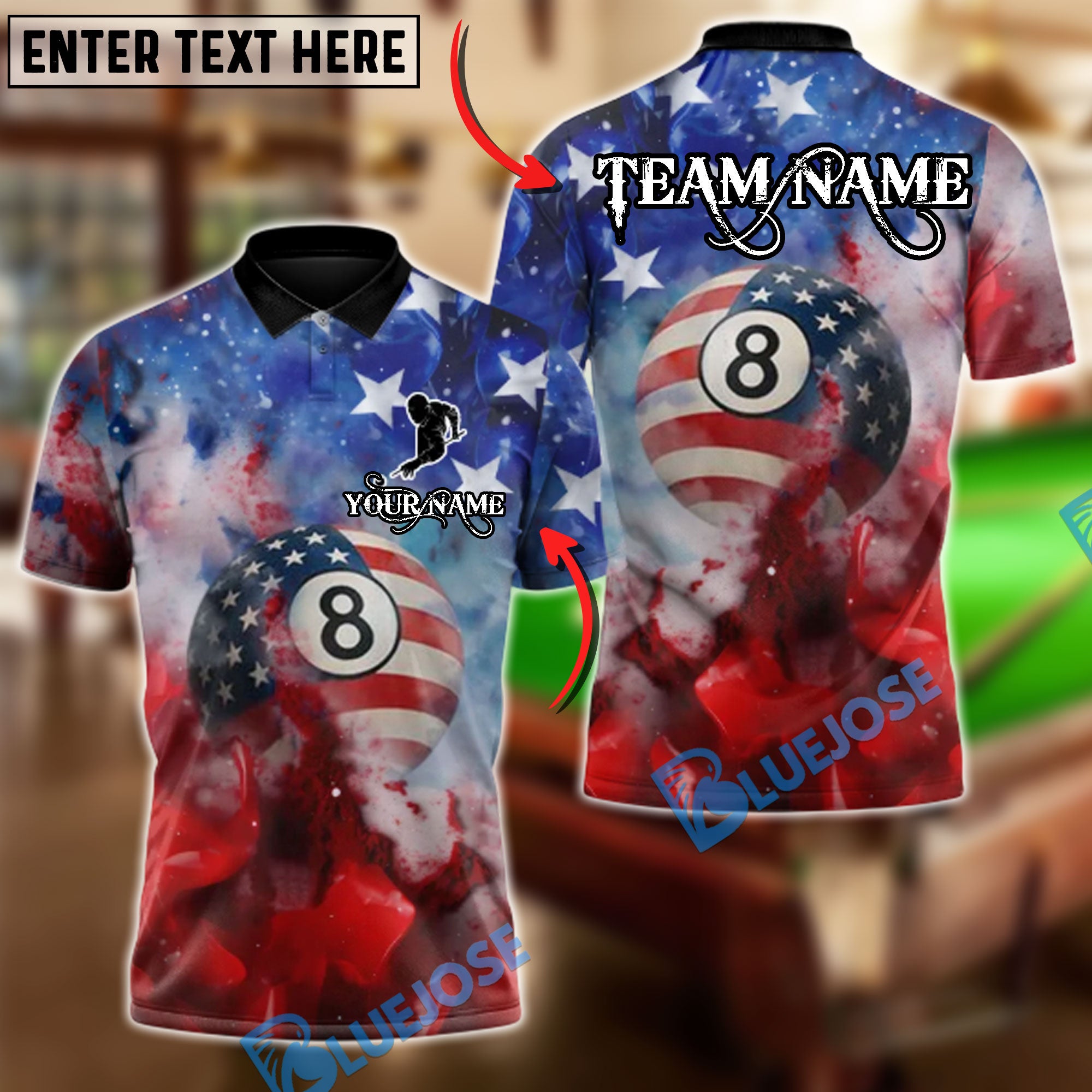 BlueJose Billiards Patriotic USA Flag 8-Ball Personalized Shirt