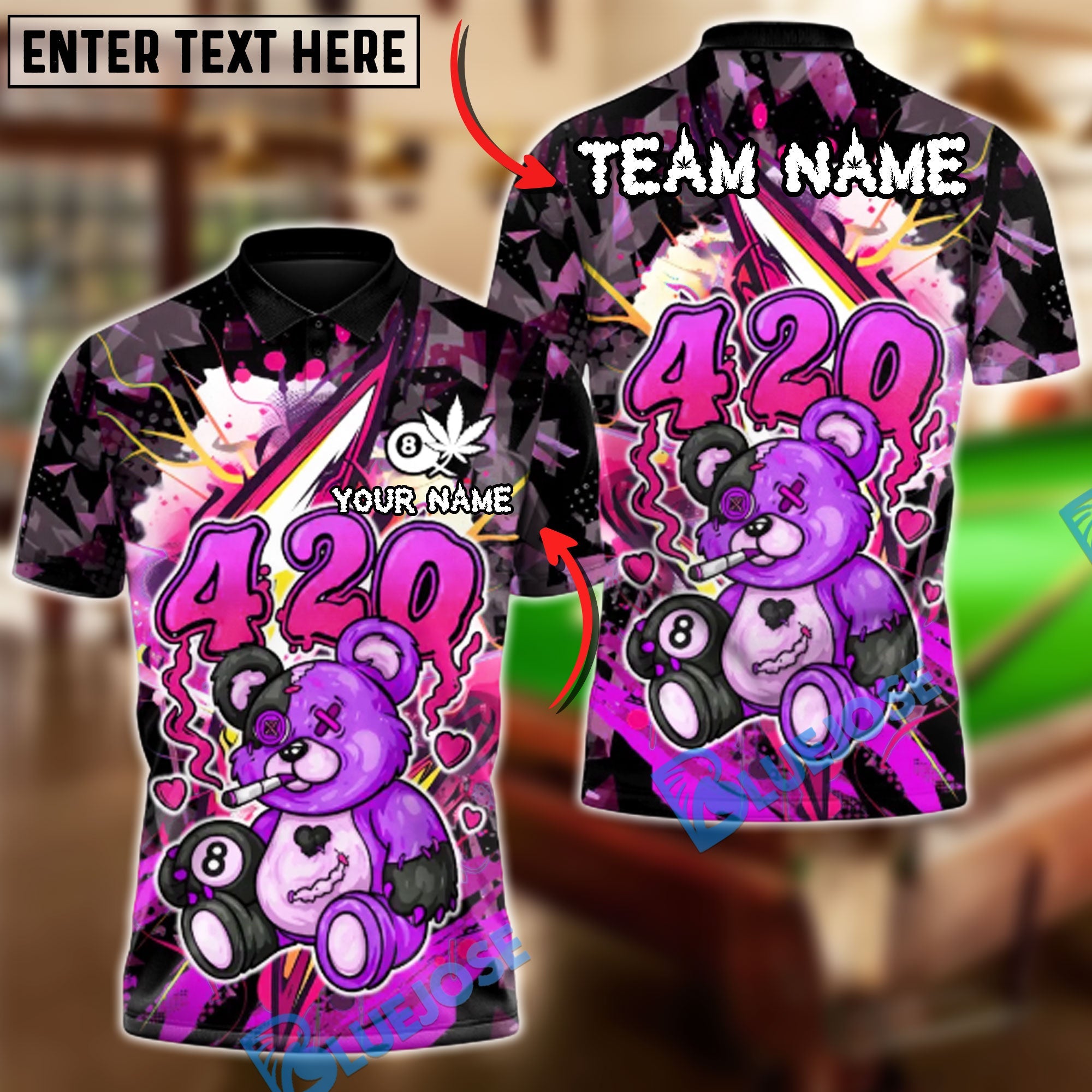 BlueJose Billiards 8 Ball 420 Bad Boy Teddy Personalized Name Shirt (4 Colors)