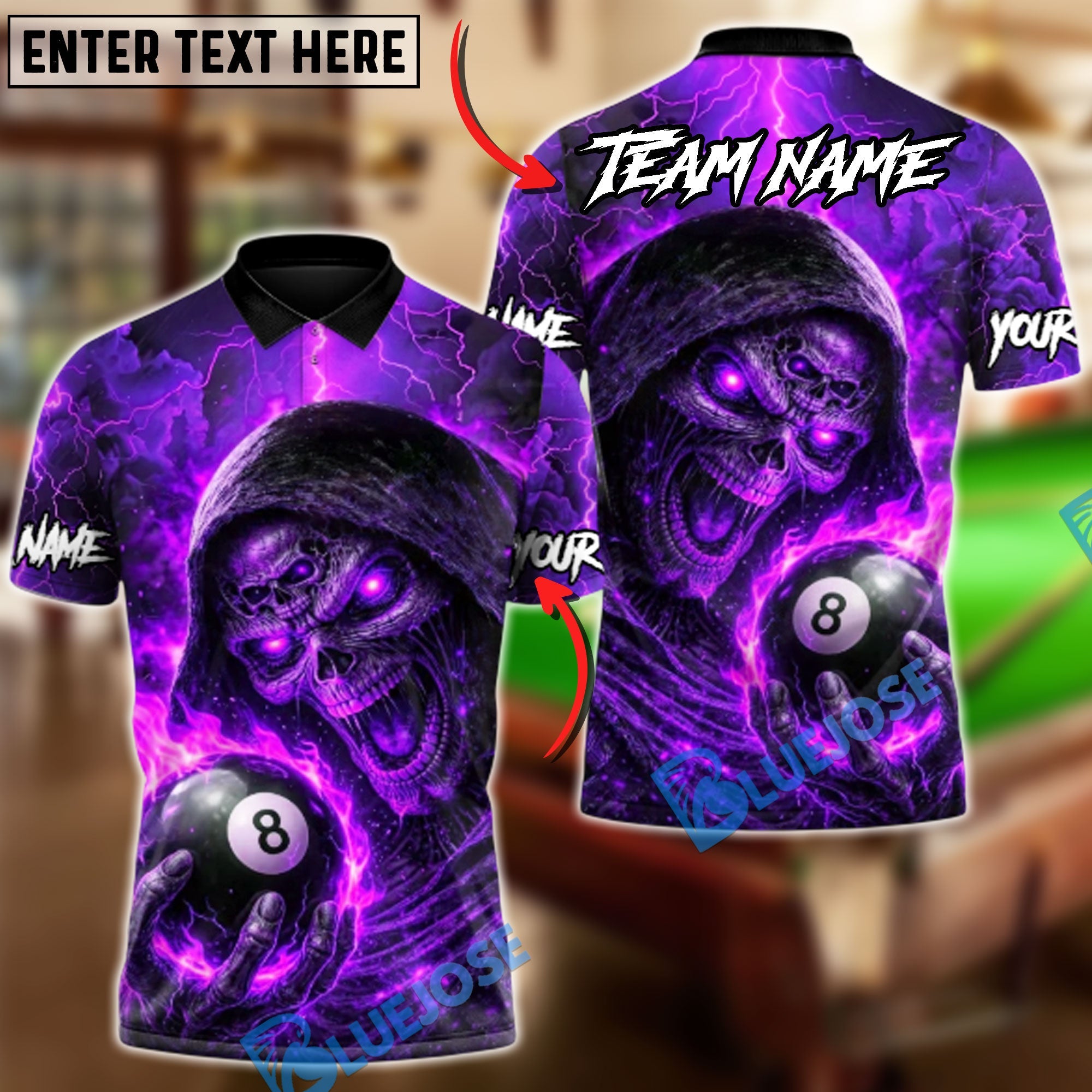 BlueJose Billiards 8 Ball Hellfire Grim Reaper Personalized Name Shirt (4 Colors)